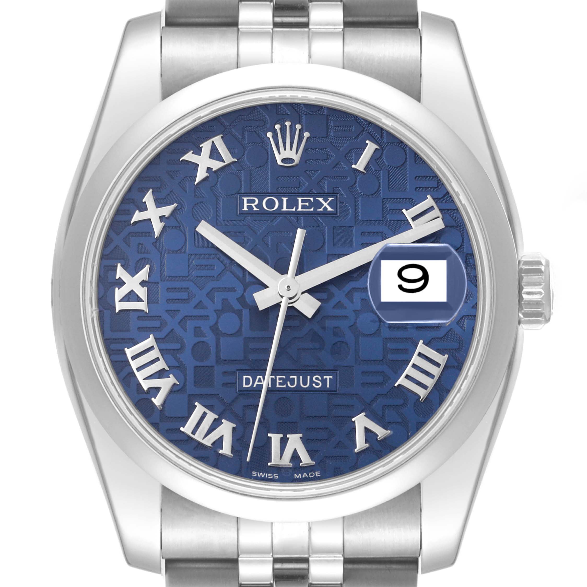 This is a close-up, front view of the Rolex Datejust 116200 Men's Stainless Steel Blue Dial 116200 Men's Stainless Steel Blue Dial model, showing the dial, hands, markers, and part of the bracelet.