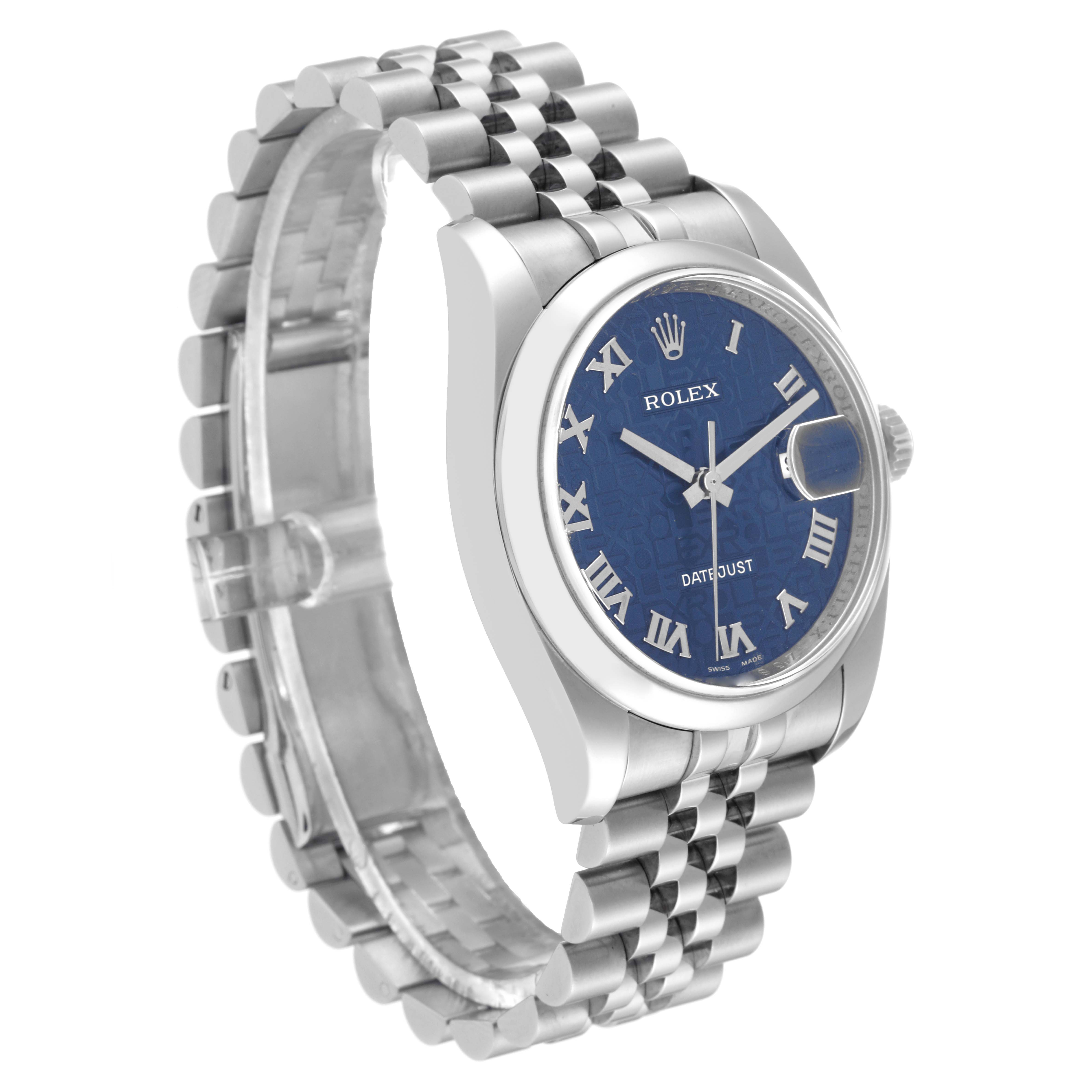 This image shows a side view of a Rolex Datejust 116200 Men's Stainless Steel Blue Dial 116200 Men's Stainless Steel Blue Dial watch featuring a blue dial, Roman numerals, and a silver jubilee bracelet.