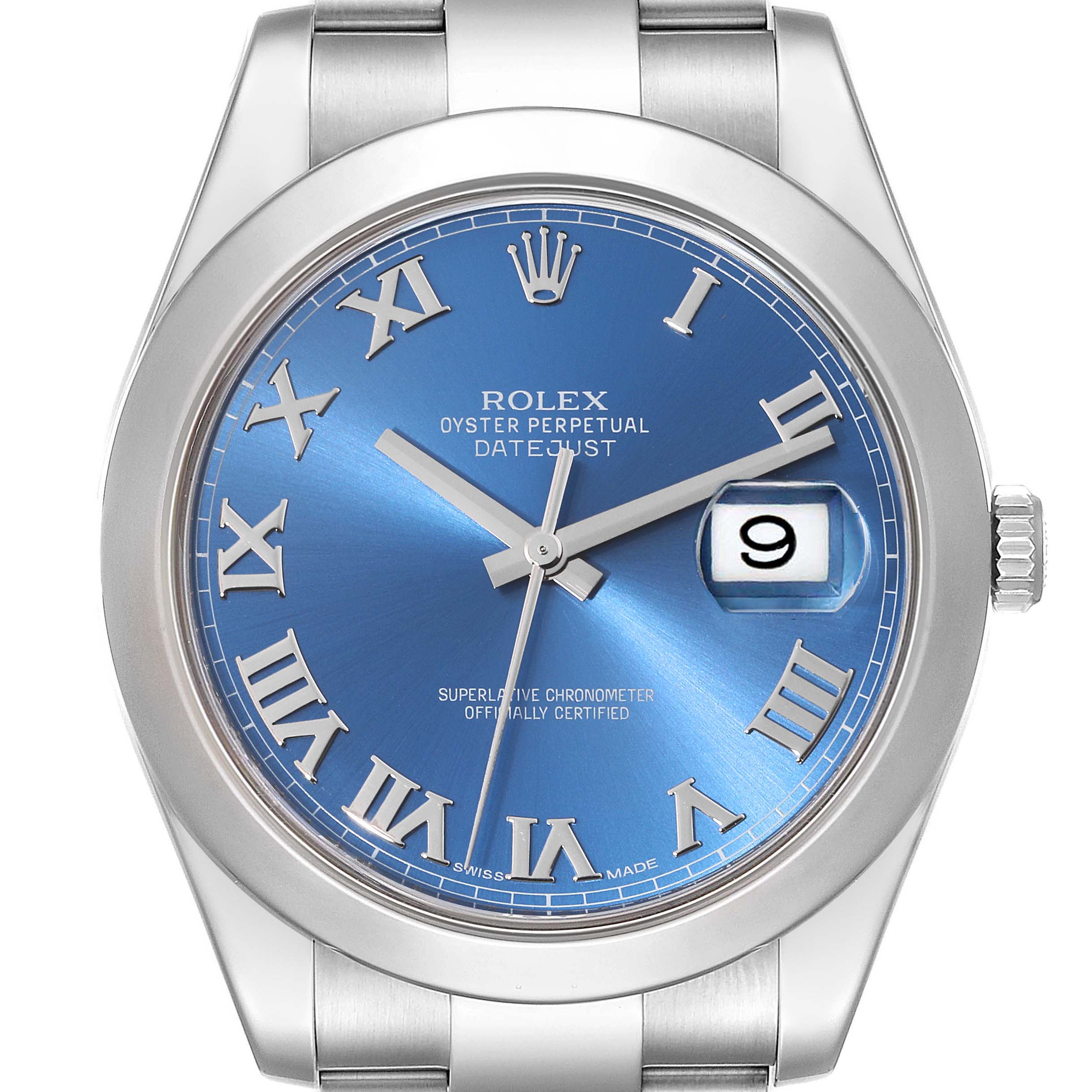 This image shows a front view of the Rolex Datejust 41 116300 Men
s Stainless Steel Blue Dial 116300 Men
s Stainless Steel Blue Dial watch with a blue Roman numeral dial and date window at 3 o
clock.