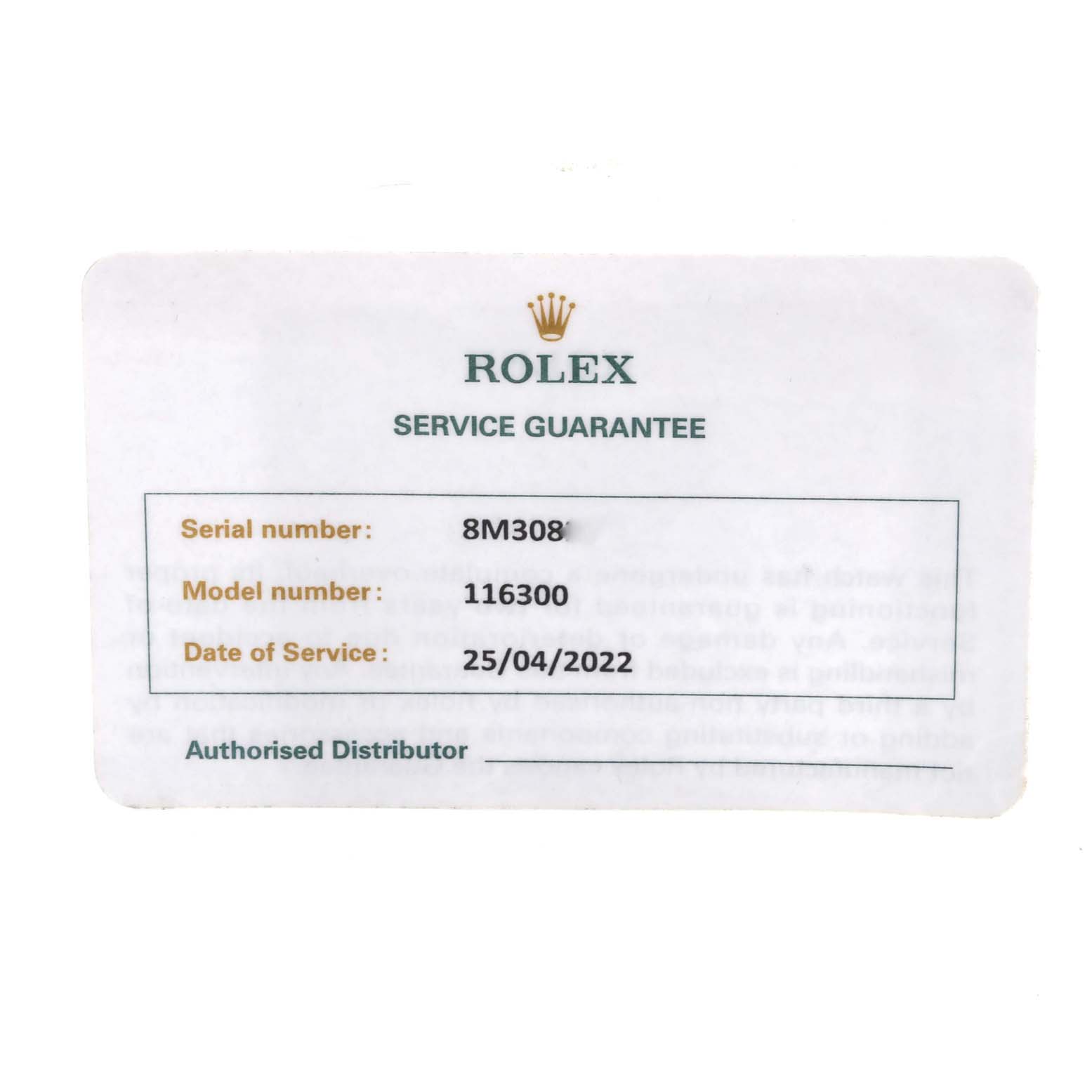 This image shows a Rolex service guarantee card for the Rolex Datejust 41 116300 Men
s Stainless Steel Blue Dial 116300 Men
s Stainless Steel Blue Dial model, including the serial number, model number, and date of service.