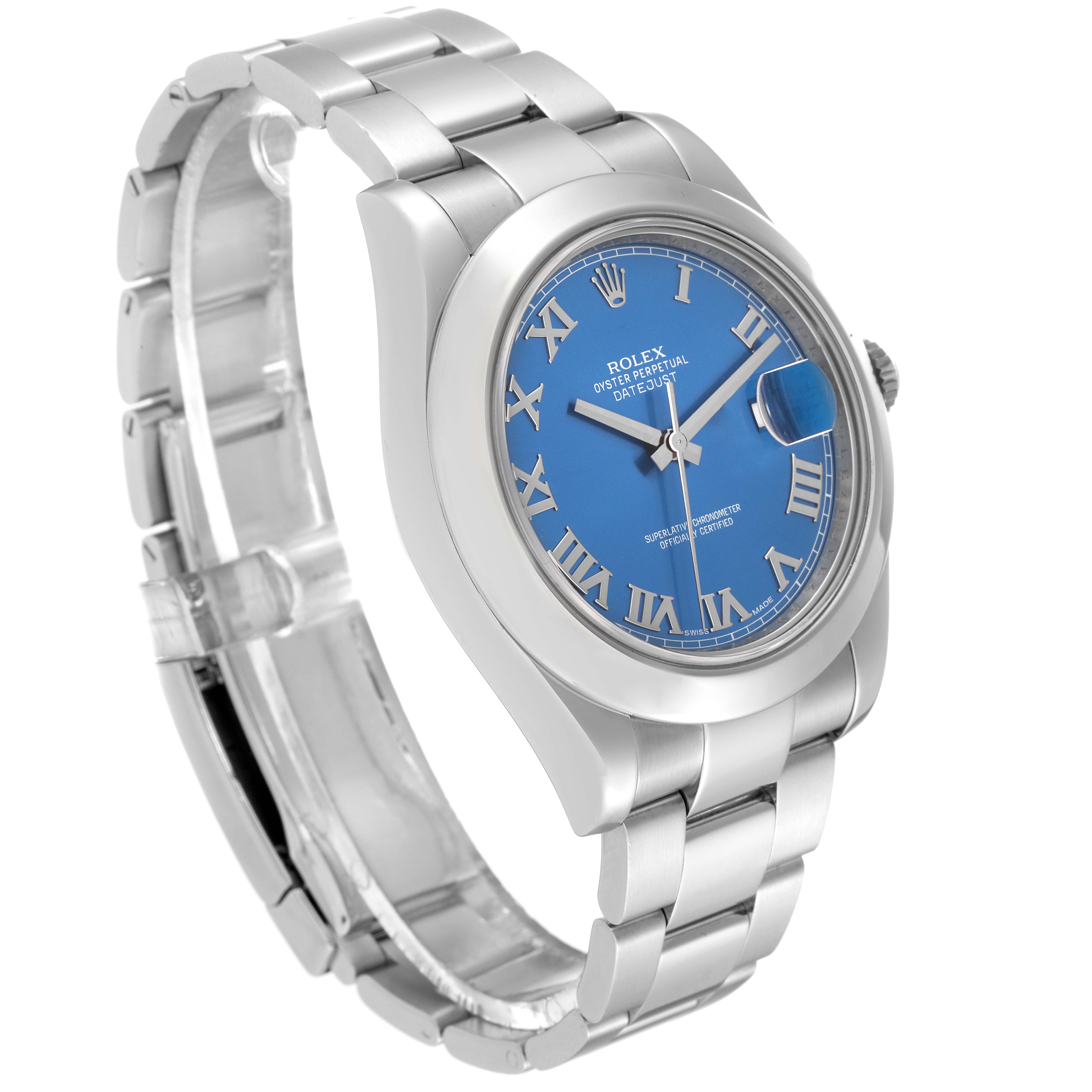 This Rolex Datejust 41 116300 Men
s Stainless Steel Blue Dial 116300 Men
s Stainless Steel Blue Dial watch is shown at a three-quarter angle, highlighting its blue dial, silver Roman numerals, and stainless steel bracelet.