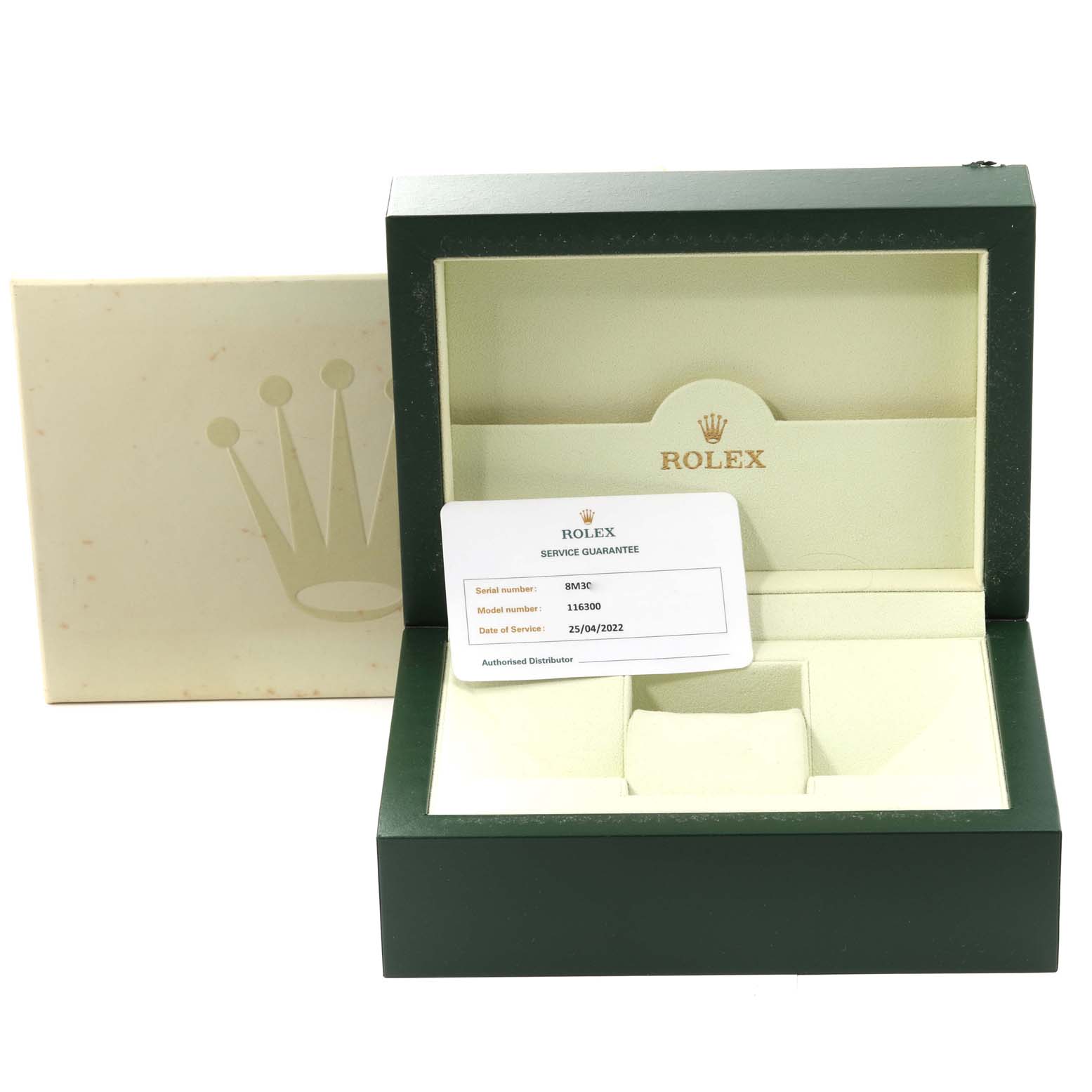 The image shows an open Rolex Datejust 41 116300 Men
s Stainless Steel Blue Dial 116300 Men
s Stainless Steel Blue Dial watch box and a service guarantee card.