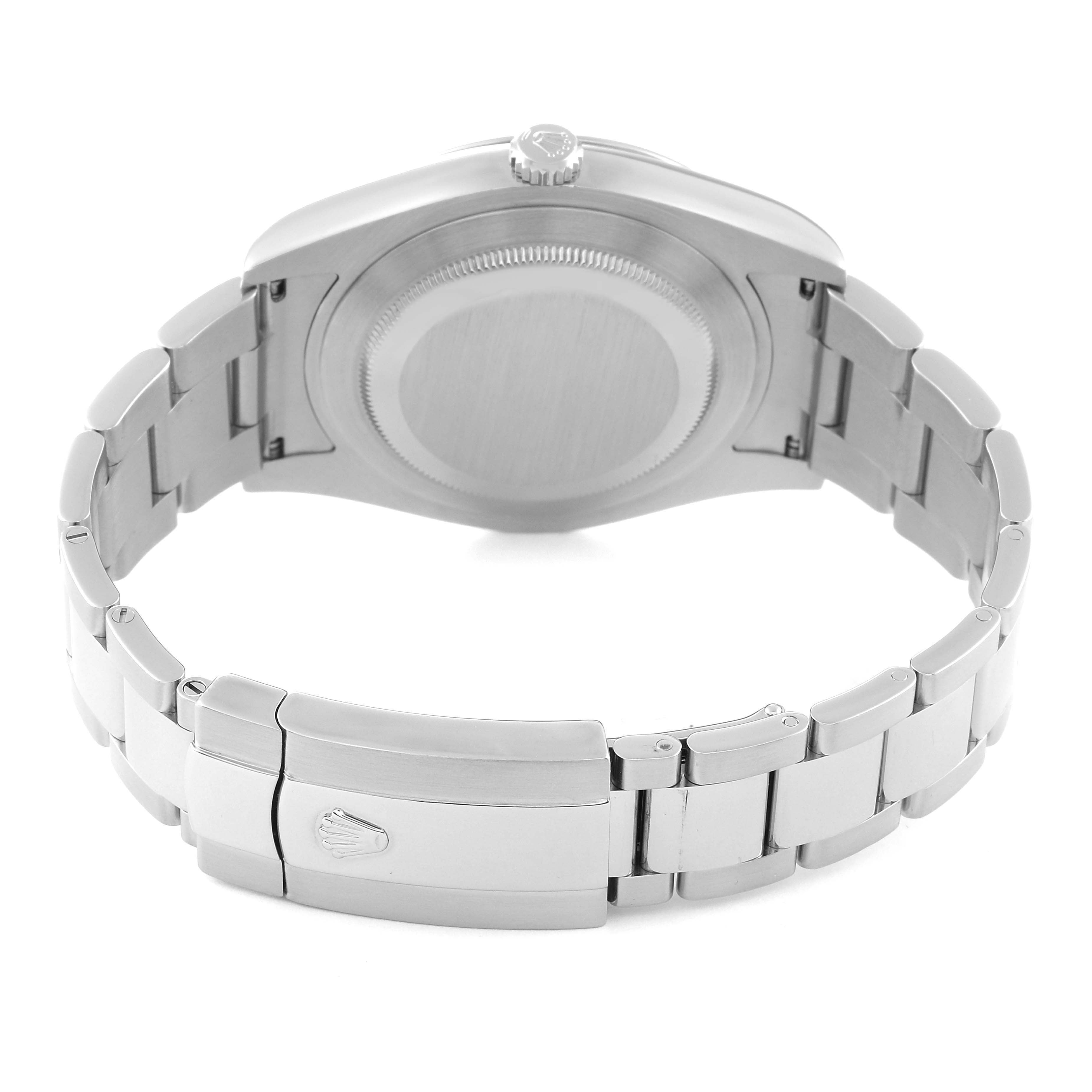 This image shows the back case and bracelet of a Rolex Datejust 41 116300 Men
s Stainless Steel Blue Dial 116300 Men
s Stainless Steel Blue Dial watch, displaying the clasp and links from a rear perspective.