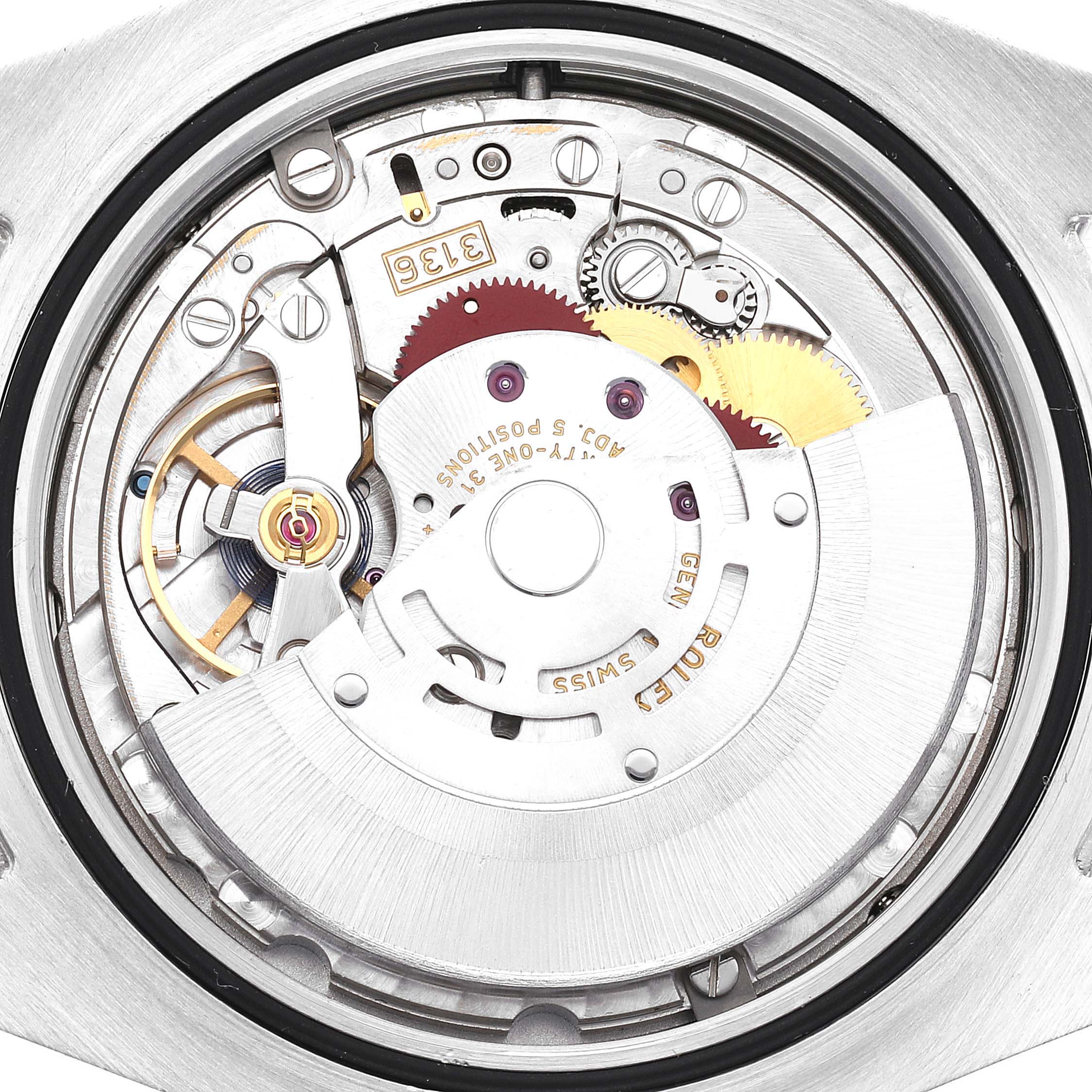 This image shows the intricate internal mechanism of the Rolex Datejust 41 116300 Men
s Stainless Steel Blue Dial 116300 Men
s Stainless Steel Blue Dial
s movement from the back angle.