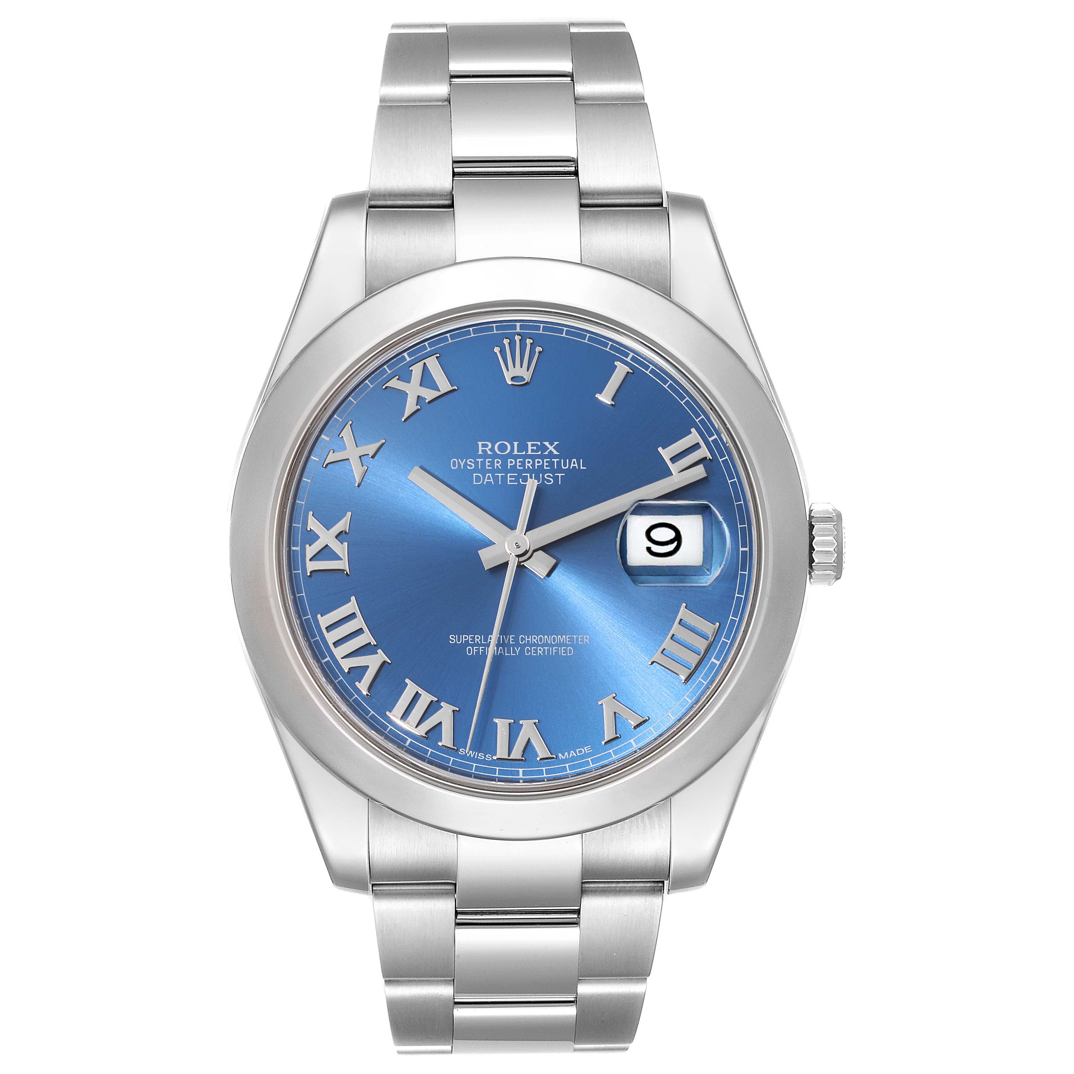 The image shows a front view of the Rolex Datejust 41 116300 Men
s Stainless Steel Blue Dial 116300 Men
s Stainless Steel Blue Dial watch showcasing its blue dial, Roman numerals, and metal bracelet.