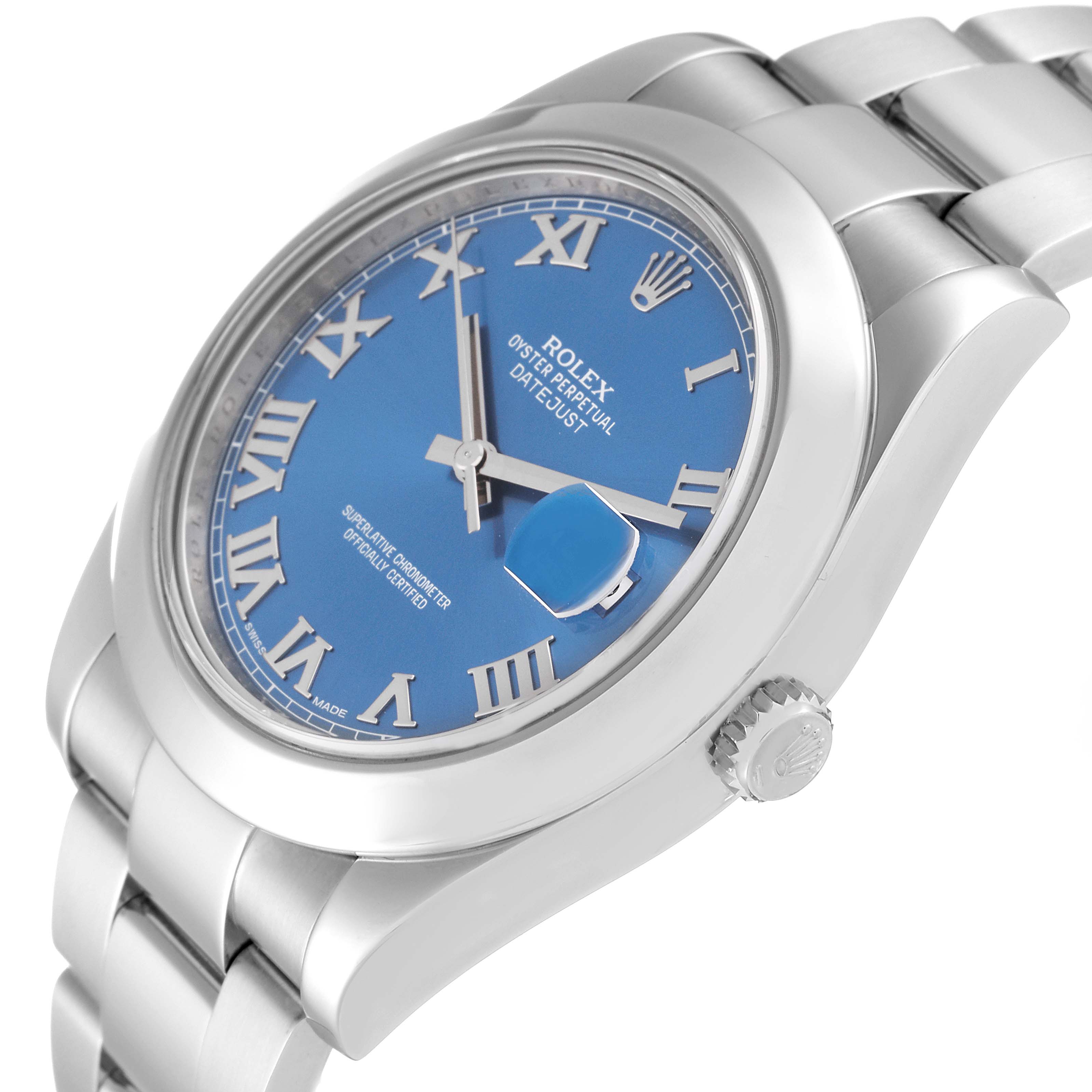 This image shows a side angle view of the Rolex Datejust 41 116300 Men
s Stainless Steel Blue Dial 116300 Men
s Stainless Steel Blue Dial watch, highlighting its blue dial, crown, and part of the bracelet.