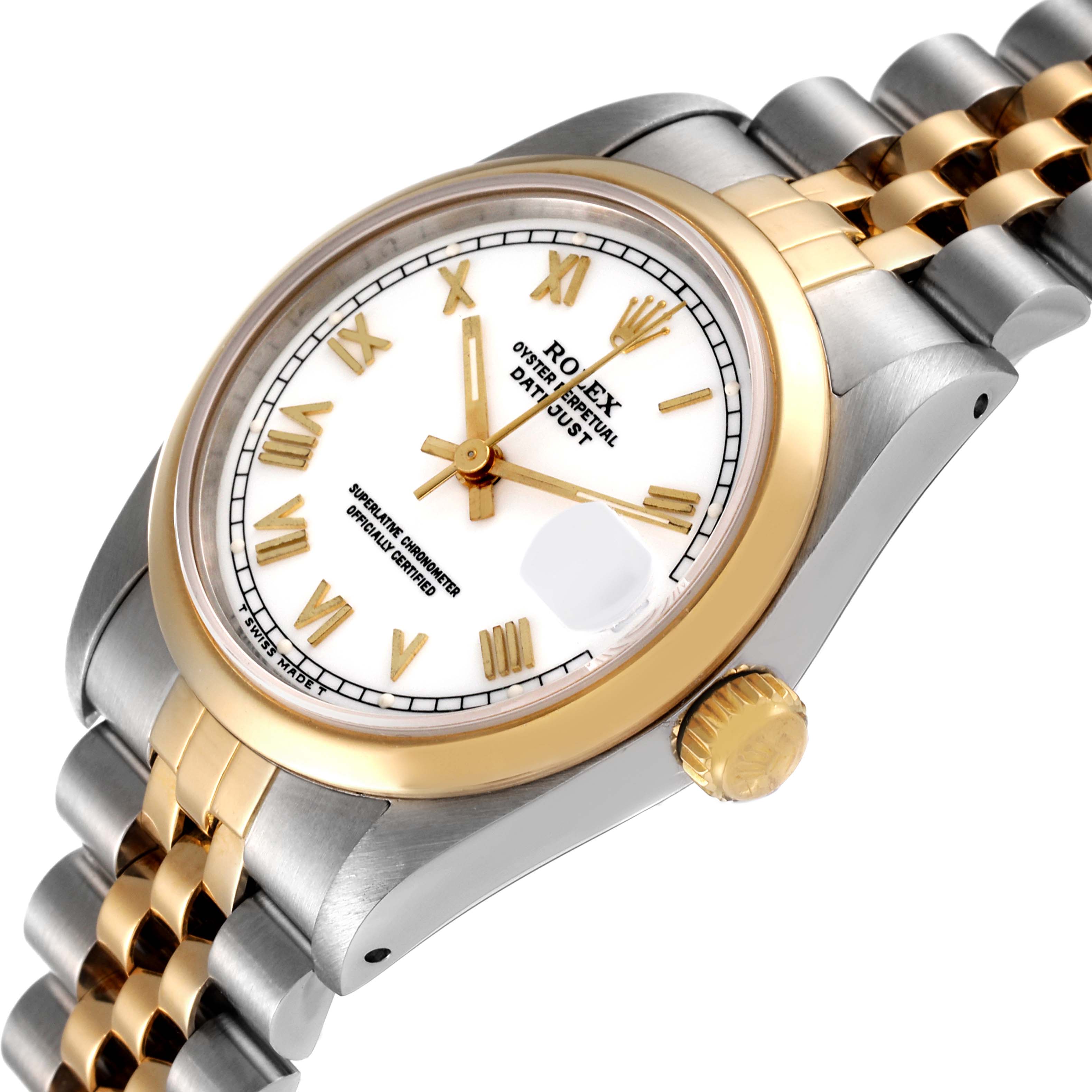 The image shows a side angle of a Rolex Oyster Perpetual Datejust Mid-Size watch with a gold crown, bezel, and two-tone band.