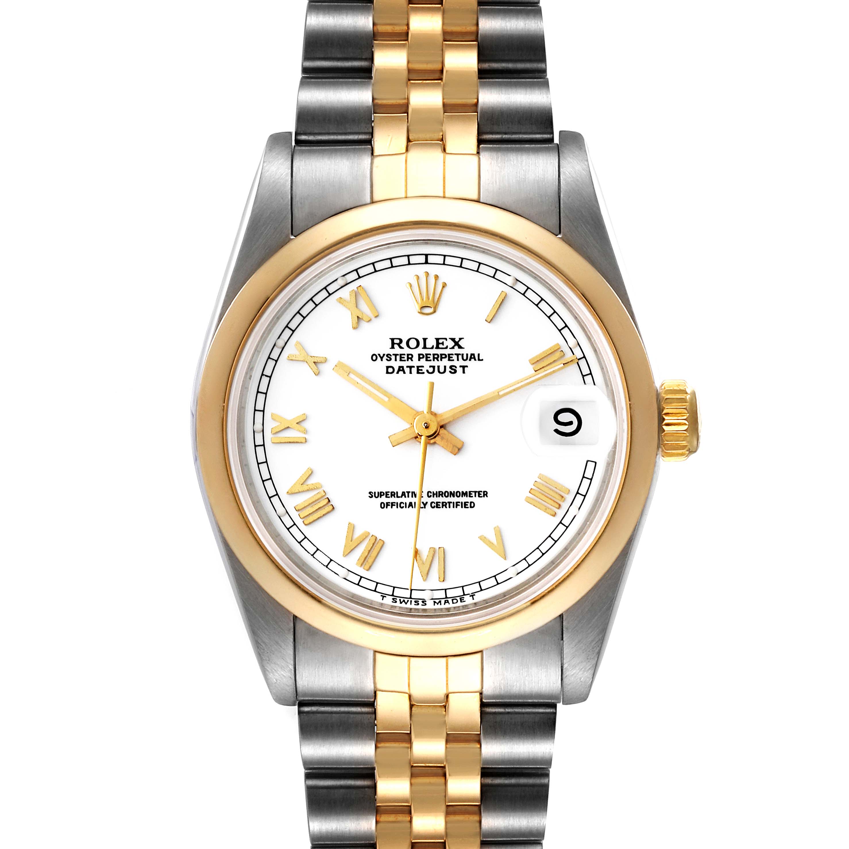 The image shows the front view of a Mid-Size Rolex Datejust watch, featuring a two-tone bracelet and a white dial with gold Roman numerals.