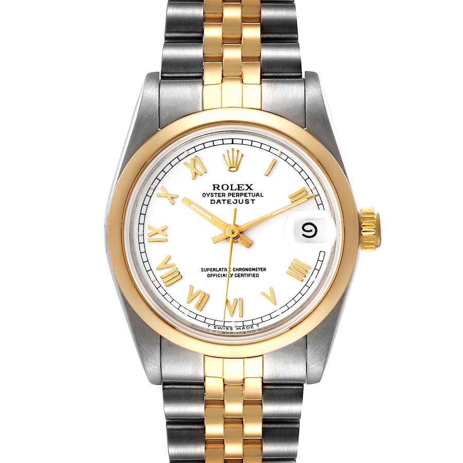 Rolex Datejust Midsize 31 Steel Yellow Gold White Roman Dial Ladies Watch 68243 SwissWatchExpo