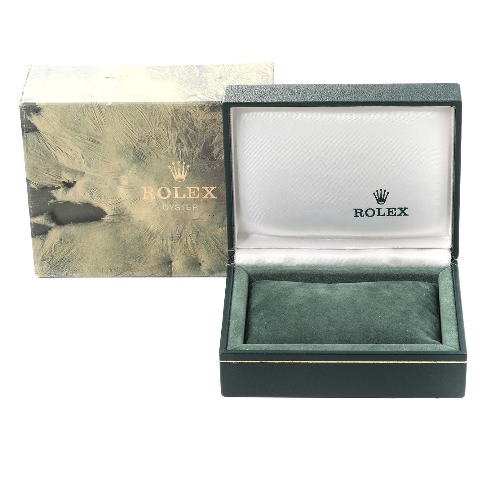 The image shows a Rolex box for a Mid-Size model, with the outer packaging and an open, empty inner case.