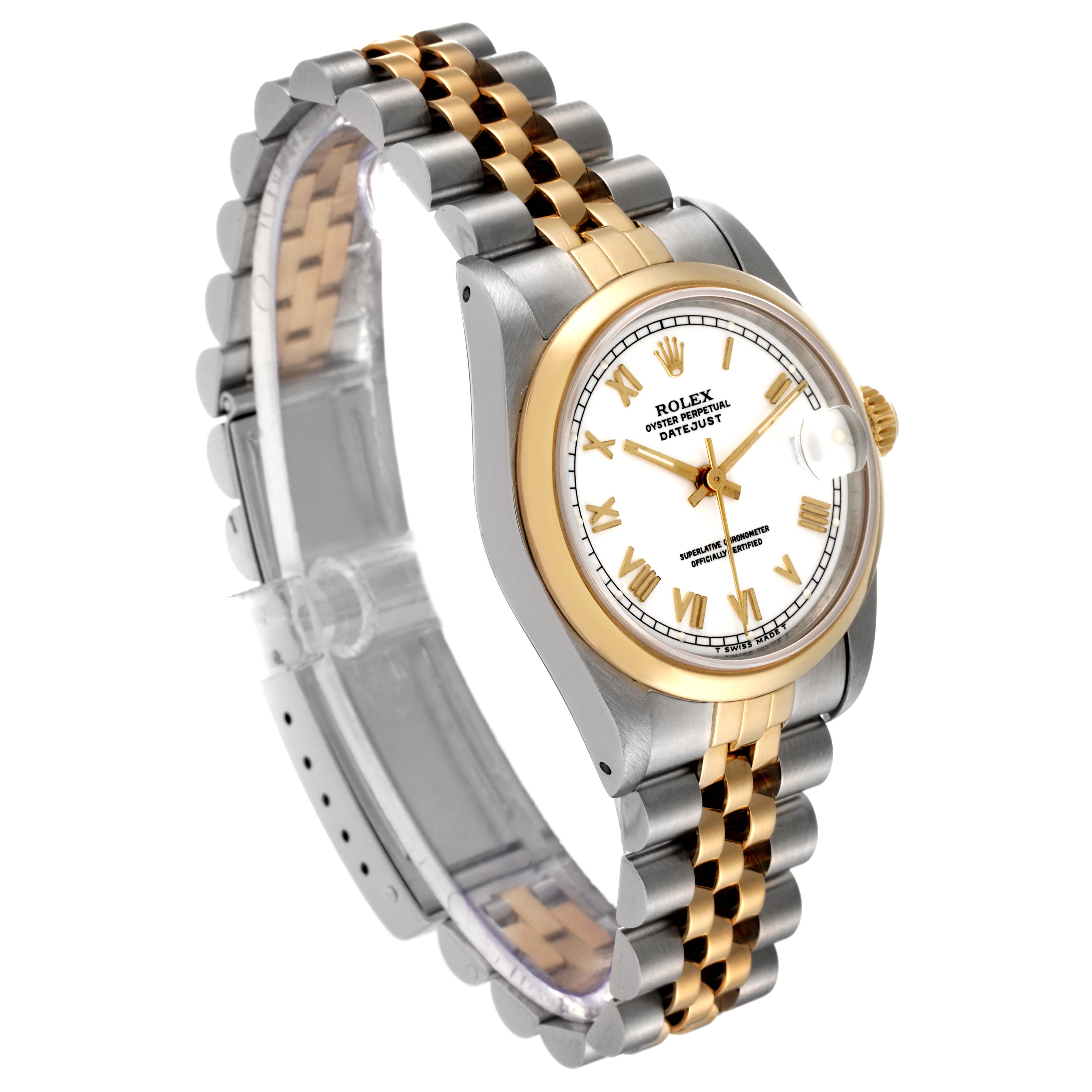 The image shows a Rolex Mid-Size 68243 Women's Steel and Gold (two tone) White Dial 68243 Women's Steel and Gold (two tone) White Dial watch at a three-quarter angle, highlighting its dual-tone bracelet, gold bezel, and white dial with Roman numerals.