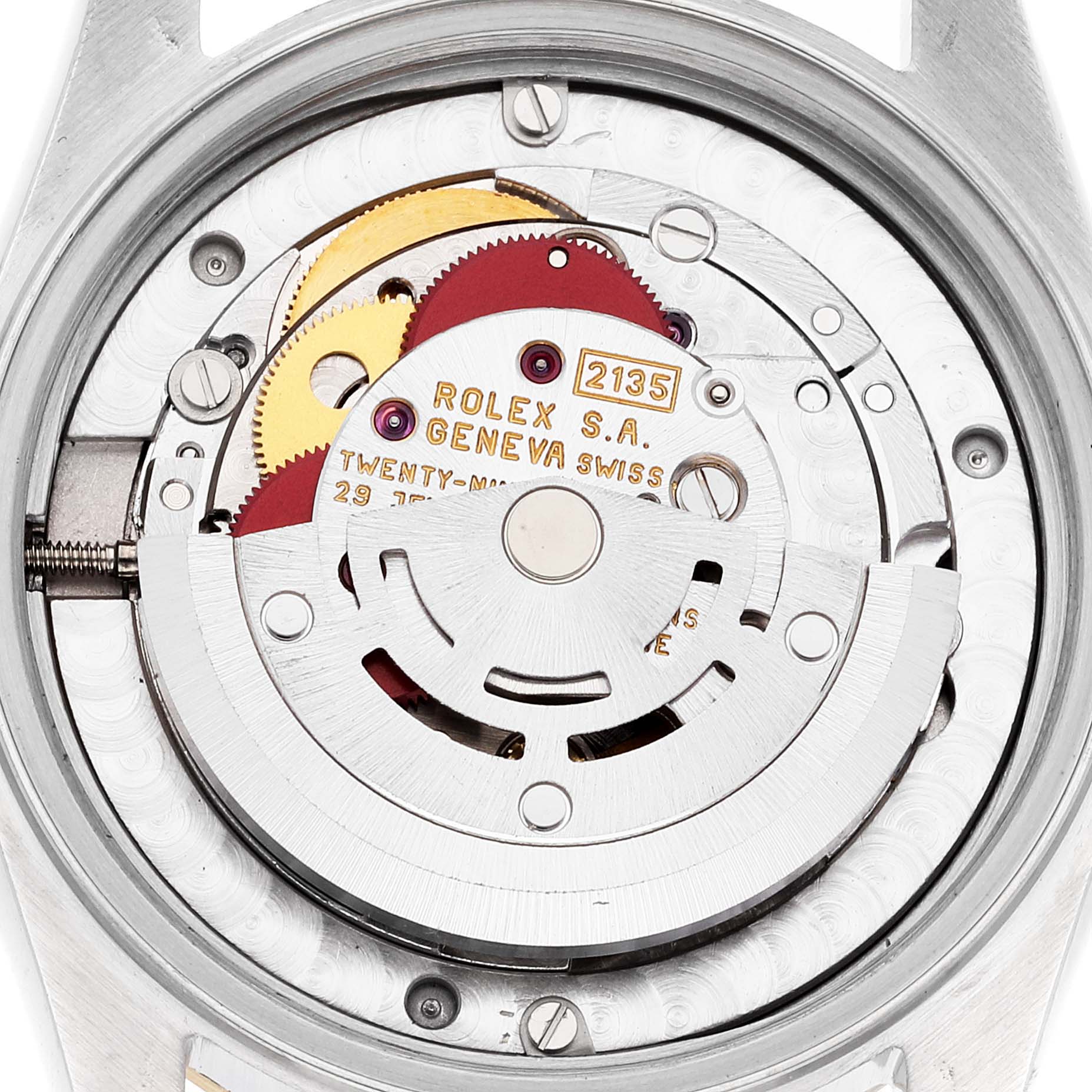 The image shows a close-up of the movement and inner components of a Mid-Size Rolex watch.