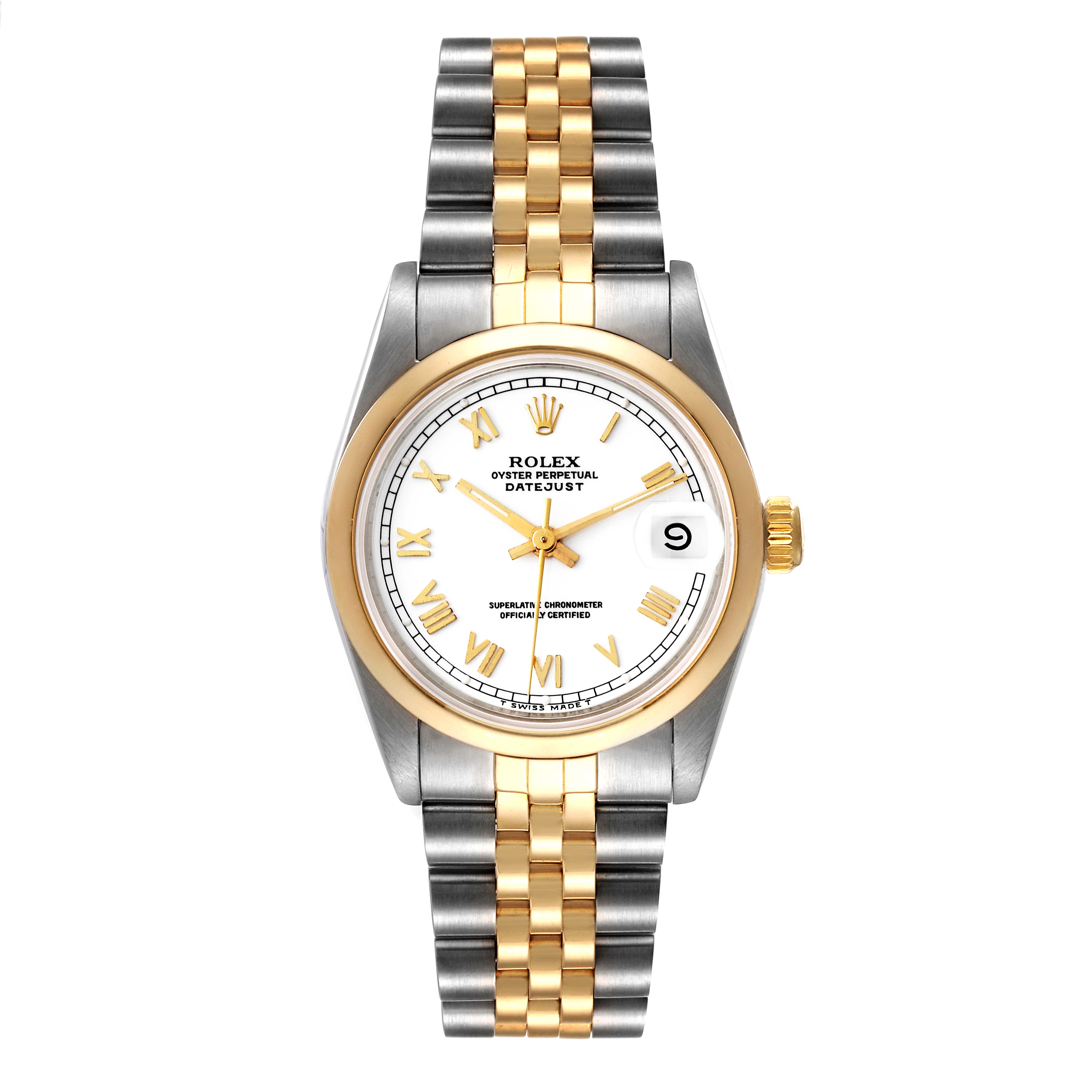 This image shows a frontal view of a Mid-Size Rolex Oyster Perpetual Datejust watch, featuring a two-tone bracelet and gold accents.