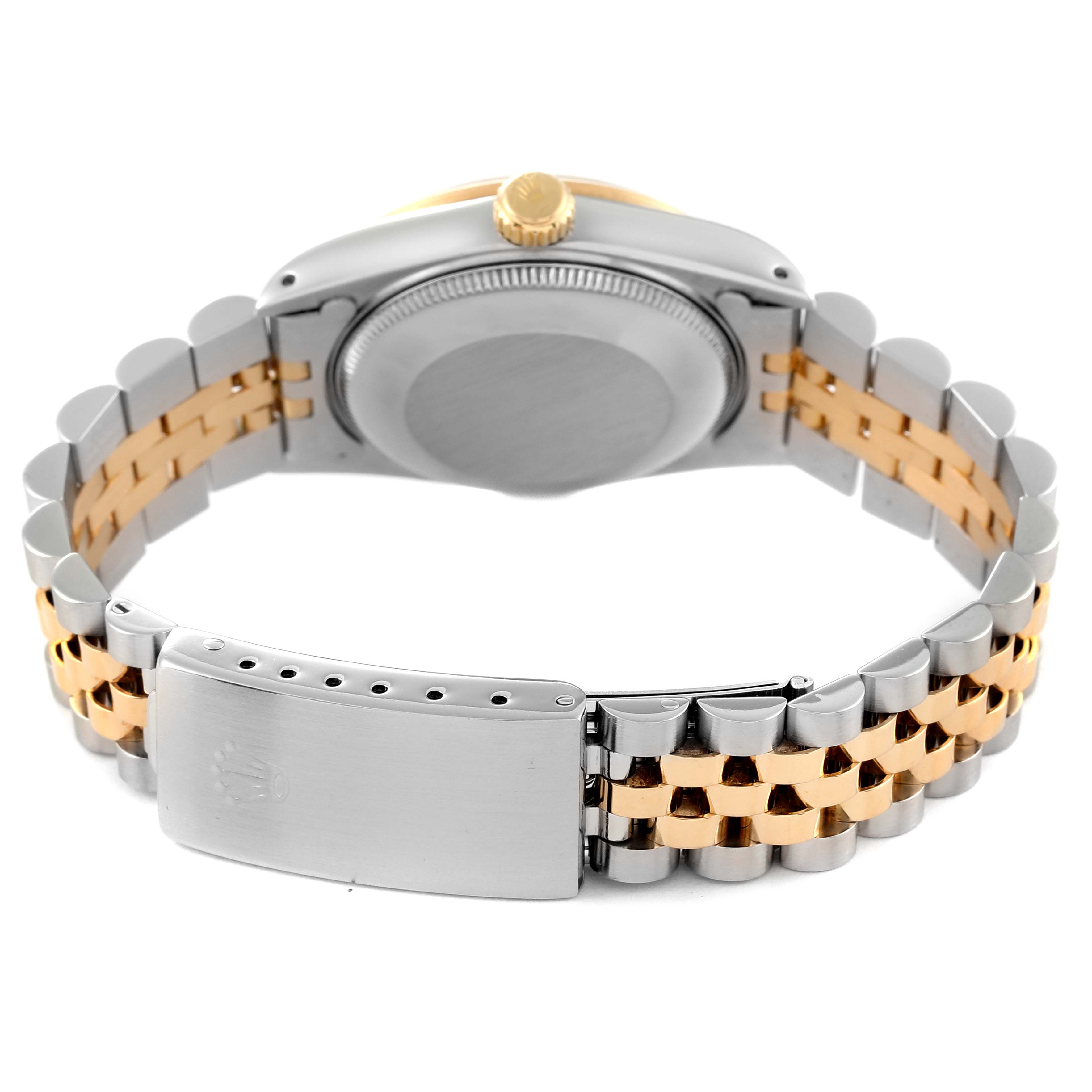 The image shows the back and bracelet of a Mid-Size Rolex watch, featuring a two-tone metal band and the clasp.