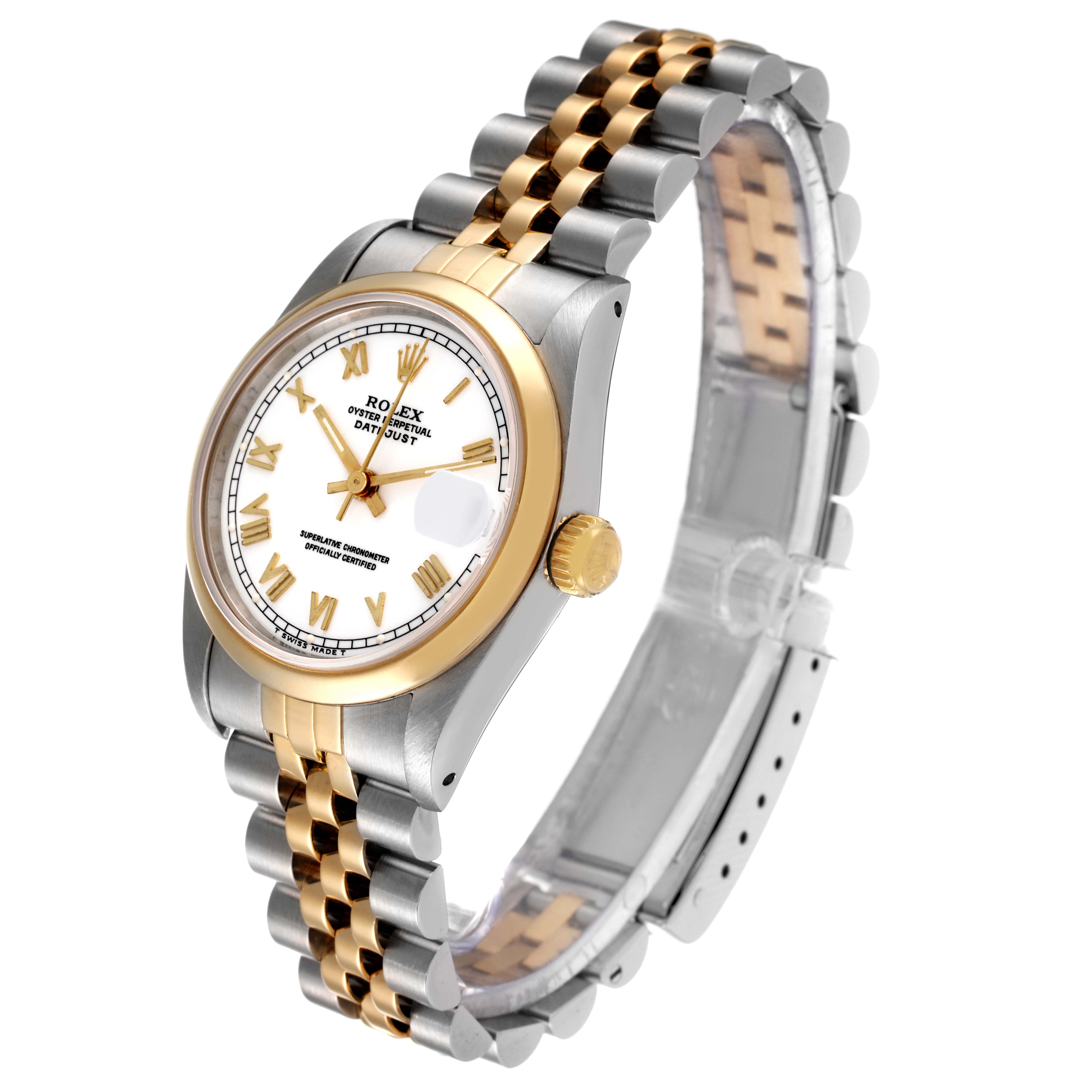 This image shows a Rolex Mid-Size 68243 Women's Steel and Gold (two tone) White Dial 68243 Women's Steel and Gold (two tone) White Dial Datejust watch at a slight angle, highlighting the gold and silver bracelet, crown, dial, and case.
