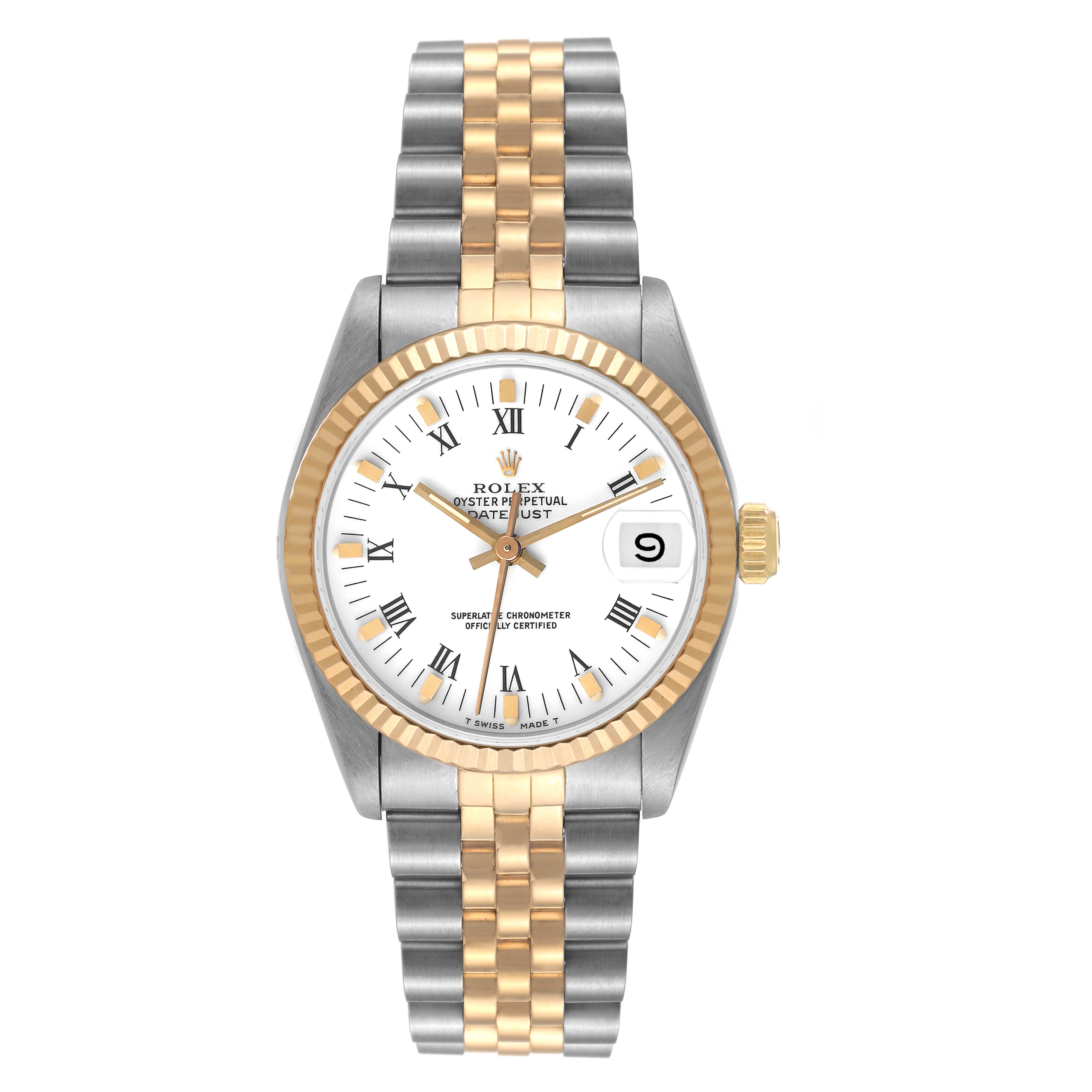 This image showcases a front view of the Rolex Mid-Size 68273 Women
s Steel and Gold (two tone) White Dial 68273 Women
s Steel and Gold (two tone) White Dial Datejust watch, featuring a two-tone bracelet and a white dial.