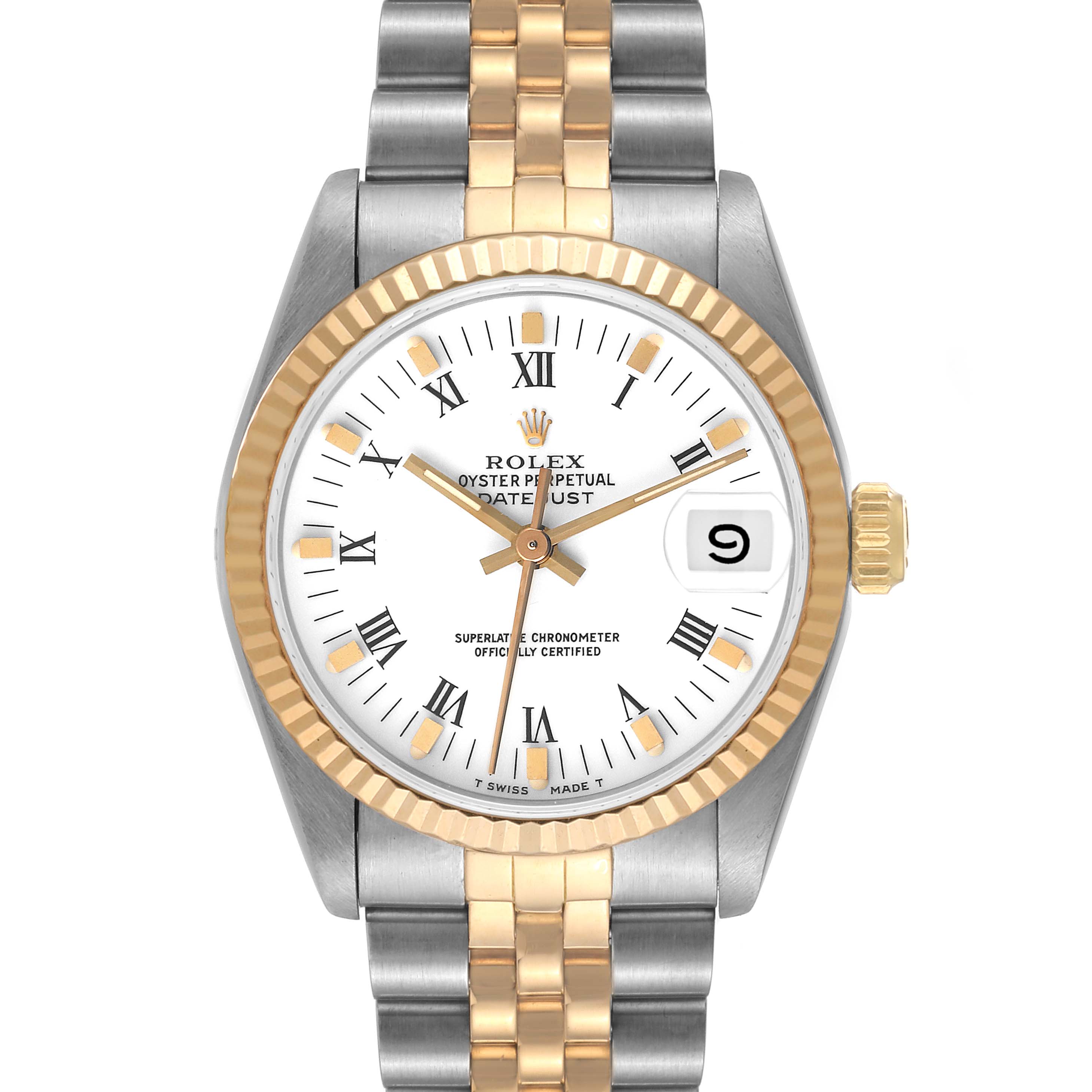 The image shows the front view of a Mid-Size Rolex Datejust watch, displaying the dial, bezel, and bracelet.