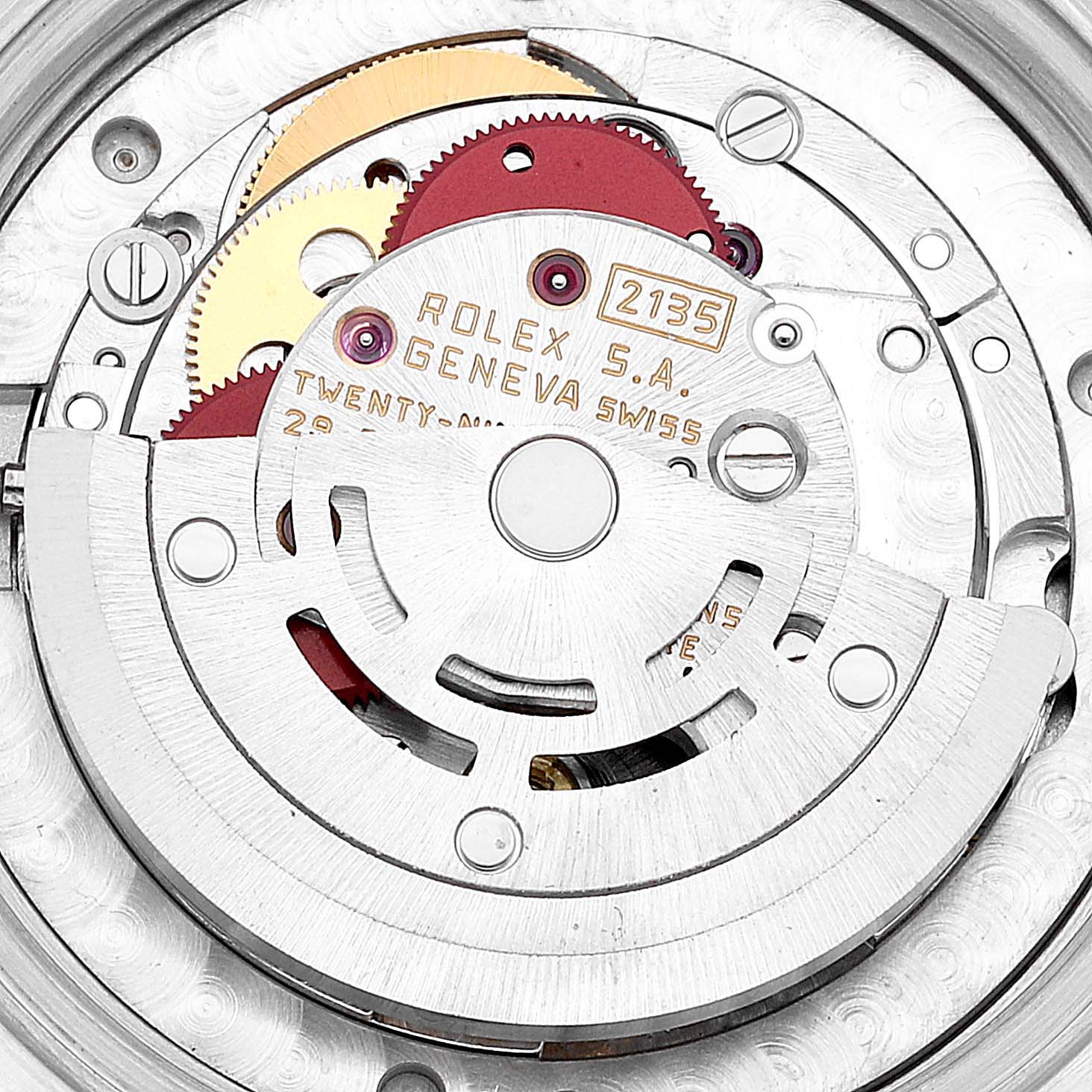 The image shows the intricate internal movement mechanism of a Rolex Mid-Size 68273 Women
s Steel and Gold (two tone) White Dial 68273 Women
s Steel and Gold (two tone) White Dial model watch at a close-up angle.