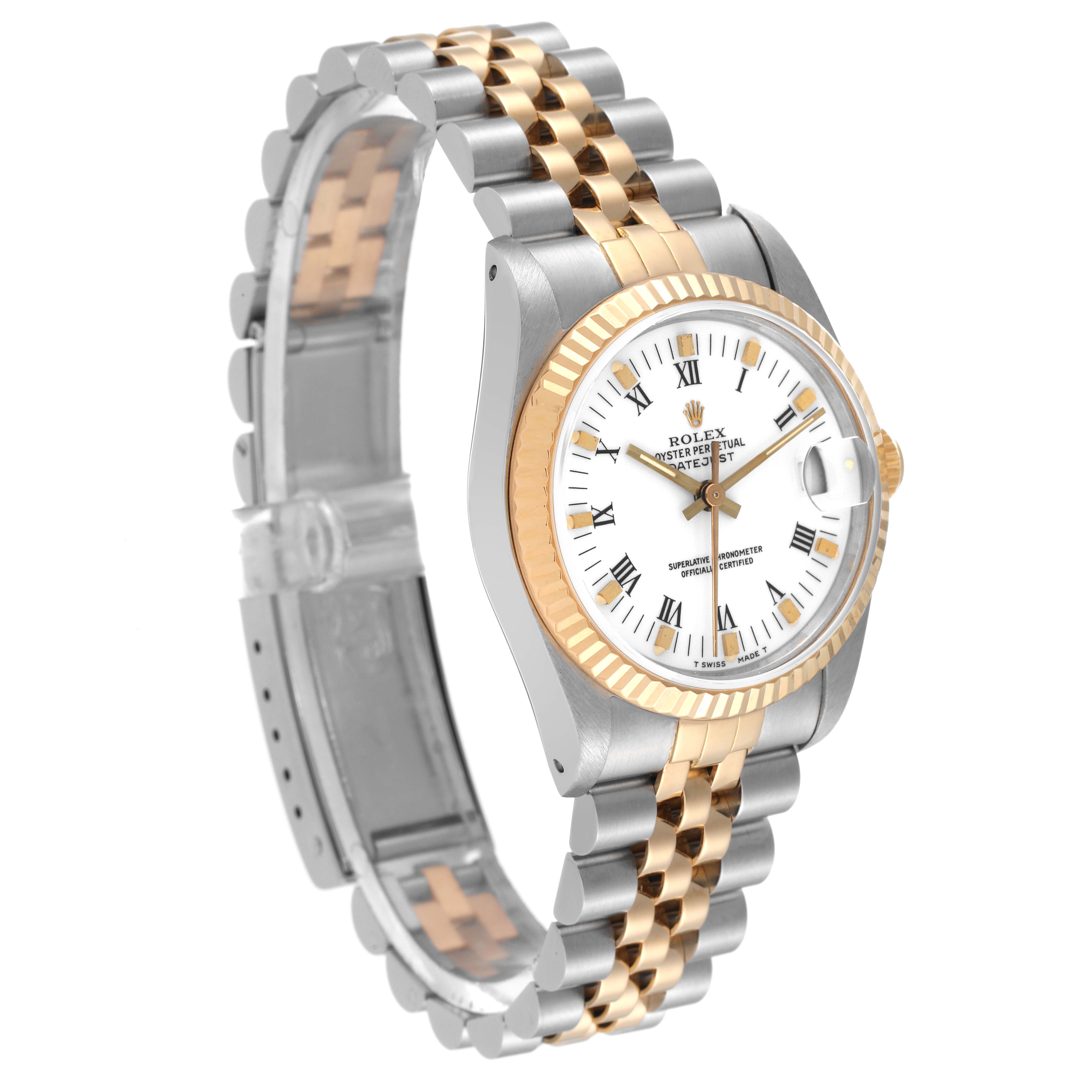 The image shows a side angle of a Rolex Mid-Size 68273 Women
s Steel and Gold (two tone) White Dial 68273 Women
s Steel and Gold (two tone) White Dial watch, highlighting the face, bezel, and two-tone bracelet.
