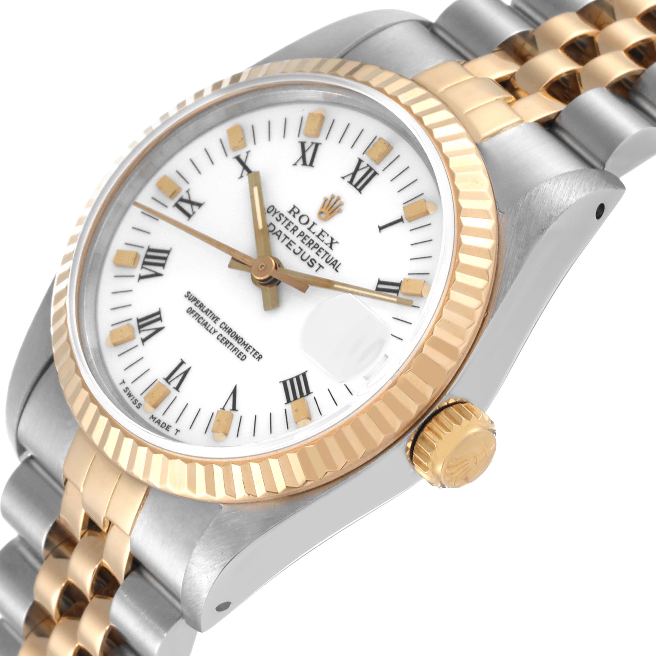 The image shows a close-up, angled view of a Rolex Datejust Mid-Size watch, highlighting the dial, crown, and part of the bracelet.