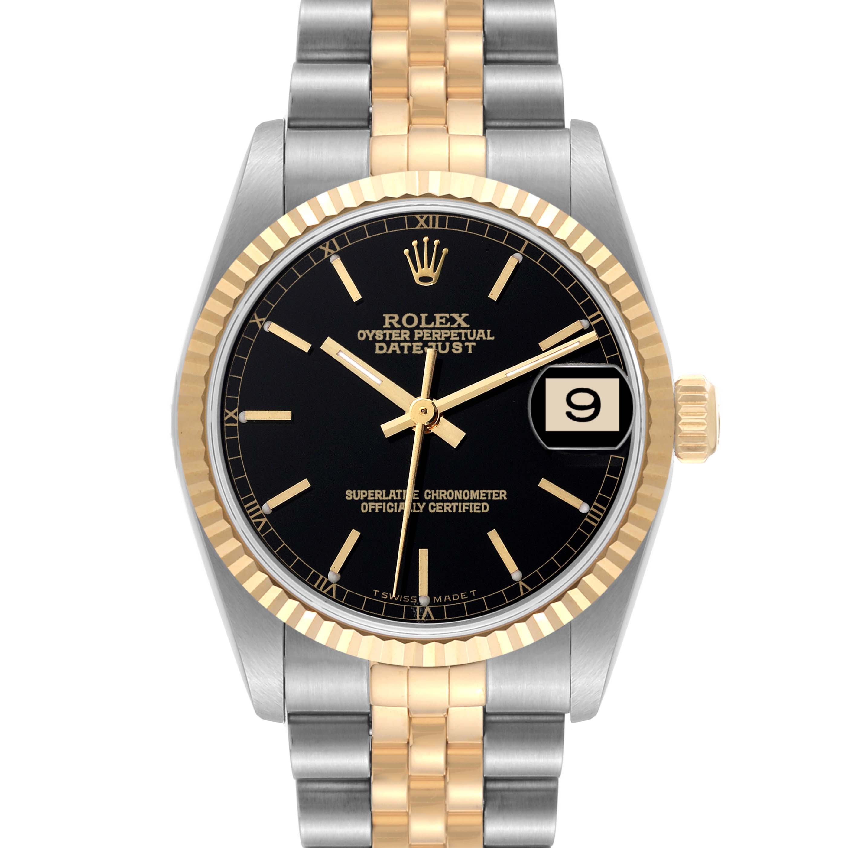 This image shows a Mid-Size Rolex Datejust watch from the front, highlighting the face, bezel, and two-tone bracelet.