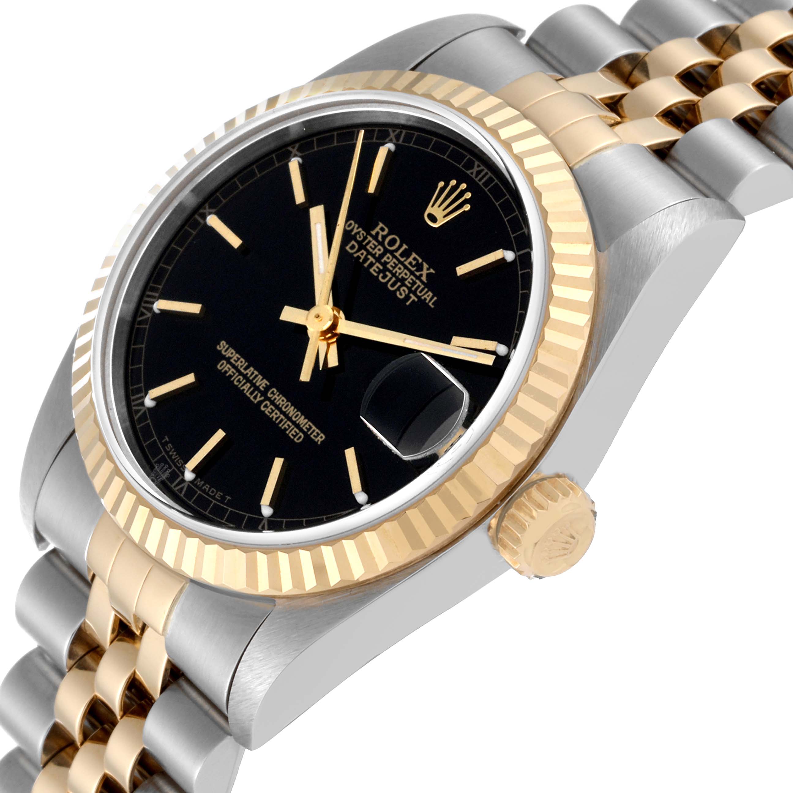 This Rolex Mid-Size 78273 Women's Steel and Gold (two tone) Black Dial 78273 Women's Steel and Gold (two tone) Black Dial watch is shown from a top-angle displaying its black dial, gold bezel, crown, and part of the bracelet.