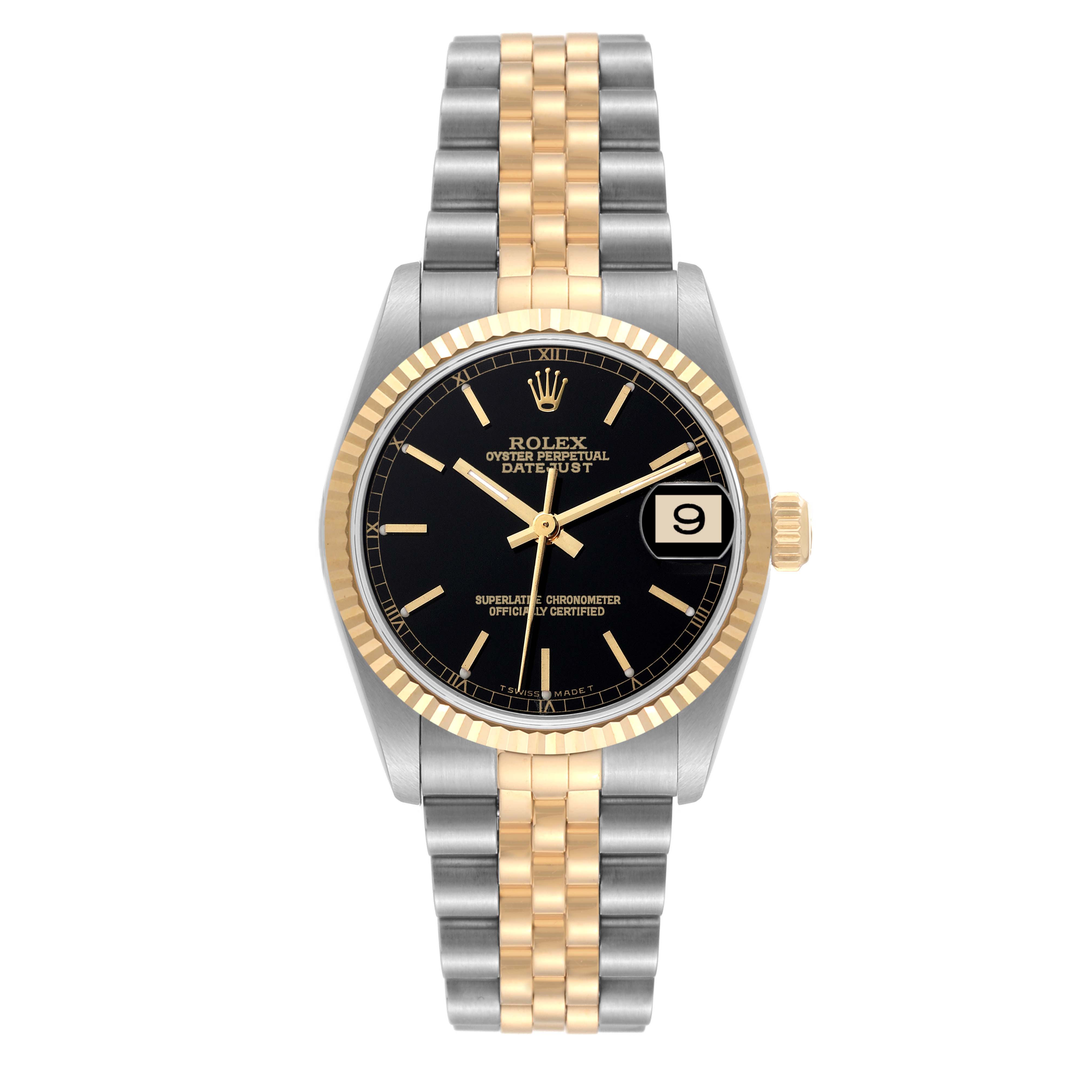The Rolex Mid-Size 78273 Women's Steel and Gold (two tone) Black Dial 78273 Women's Steel and Gold (two tone) Black Dial watch is shown from the front, displaying its black dial, date window, and two-tone bracelet.