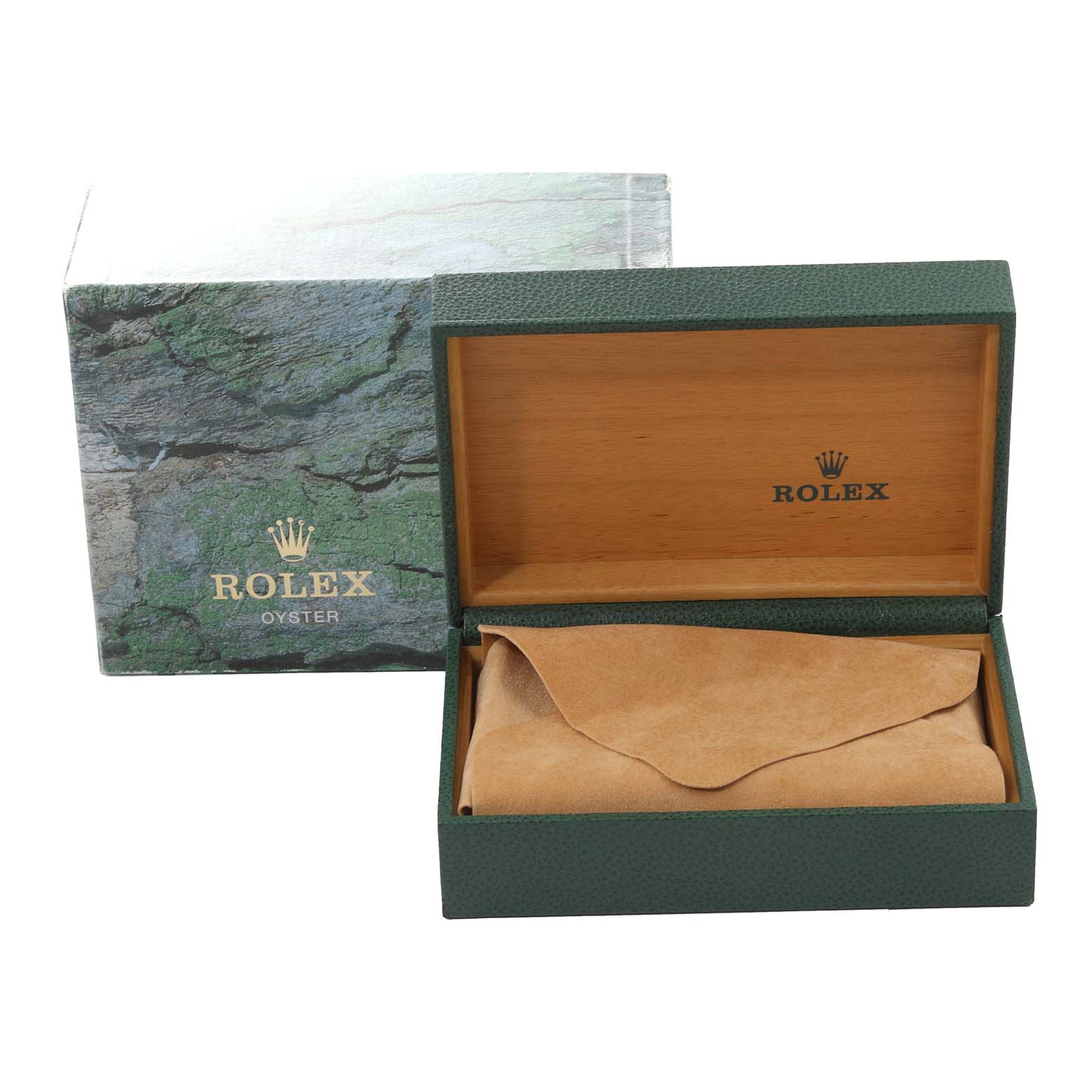 The image shows a Rolex Mid-Size 78273 Women's Steel and Gold (two tone) Black Dial 78273 Women's Steel and Gold (two tone) Black Dial model watch box and cover, with the watch box open and a suede pouch inside.