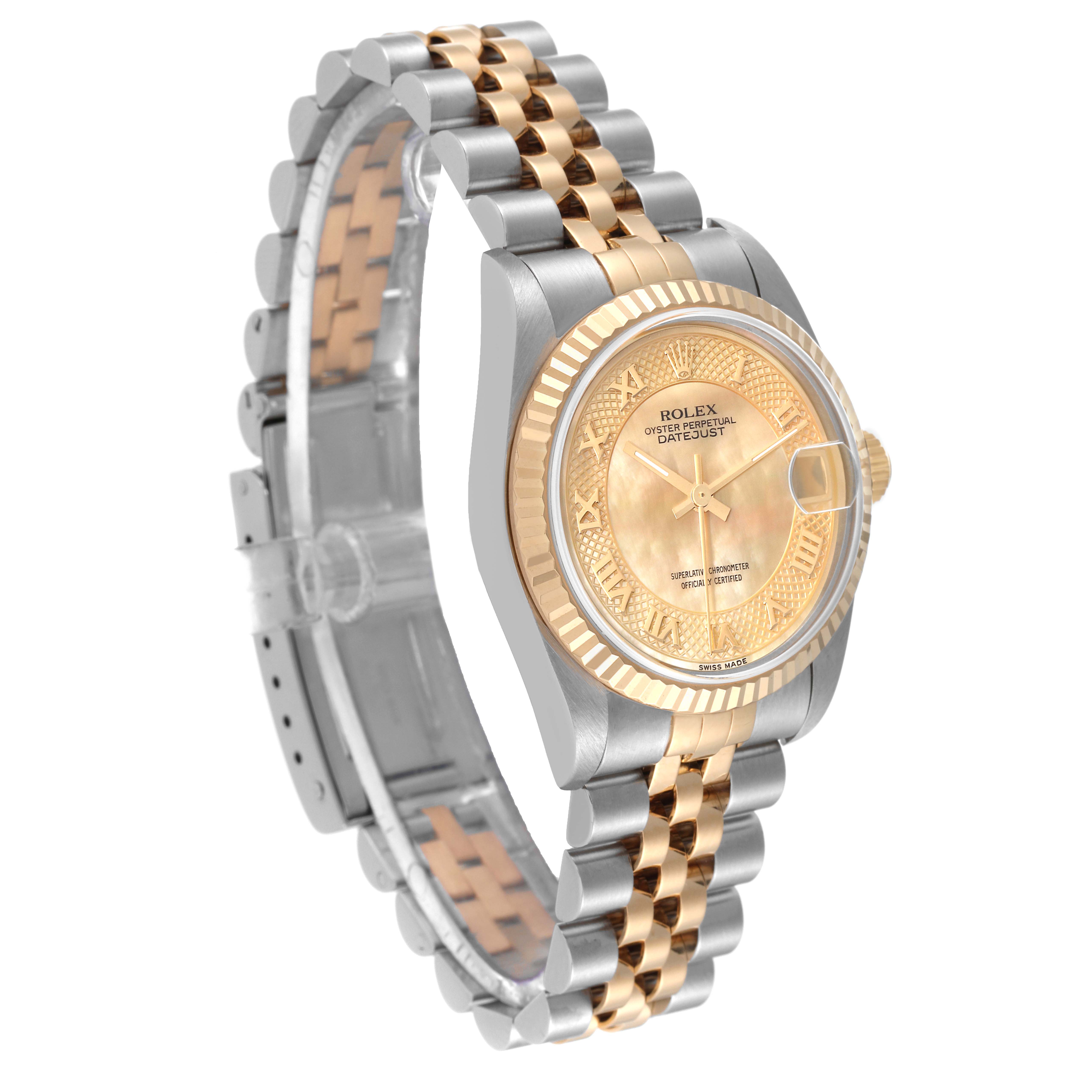 This Rolex Mid-Size 78273 Women
s Steel and Gold (two tone) Mother of Pearl Dial 78273 Women
s Steel and Gold (two tone) Mother of Pearl Dial Datejust watch is shown at a three-quarter angle, highlighting the dial, bezel, and bracelet.