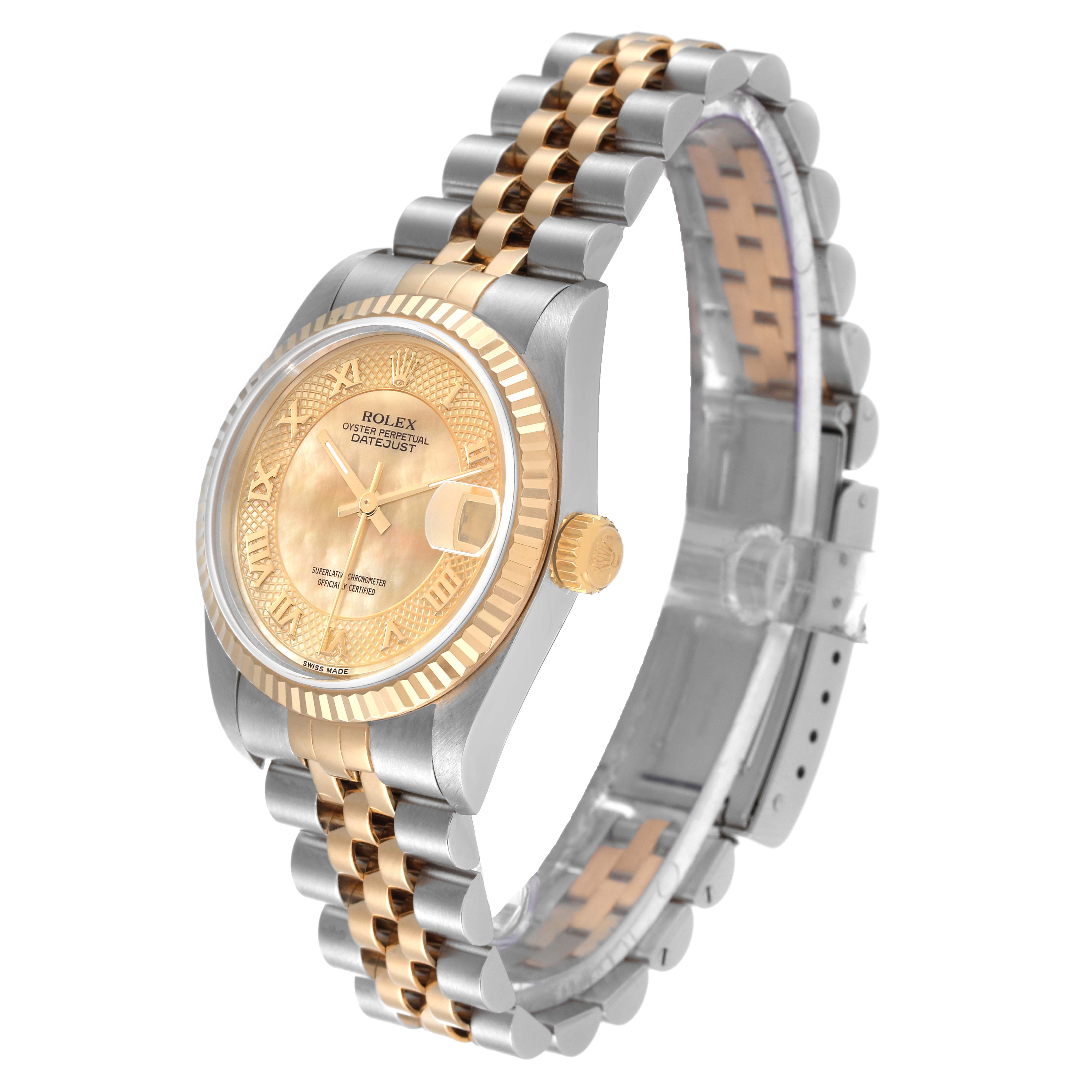 This image shows a side angle of a Rolex Mid-Size 78273 Women
s Steel and Gold (two tone) Mother of Pearl Dial 78273 Women
s Steel and Gold (two tone) Mother of Pearl Dial Datejust watch, highlighting the dial, bezel, case, and two-tone bracelet.