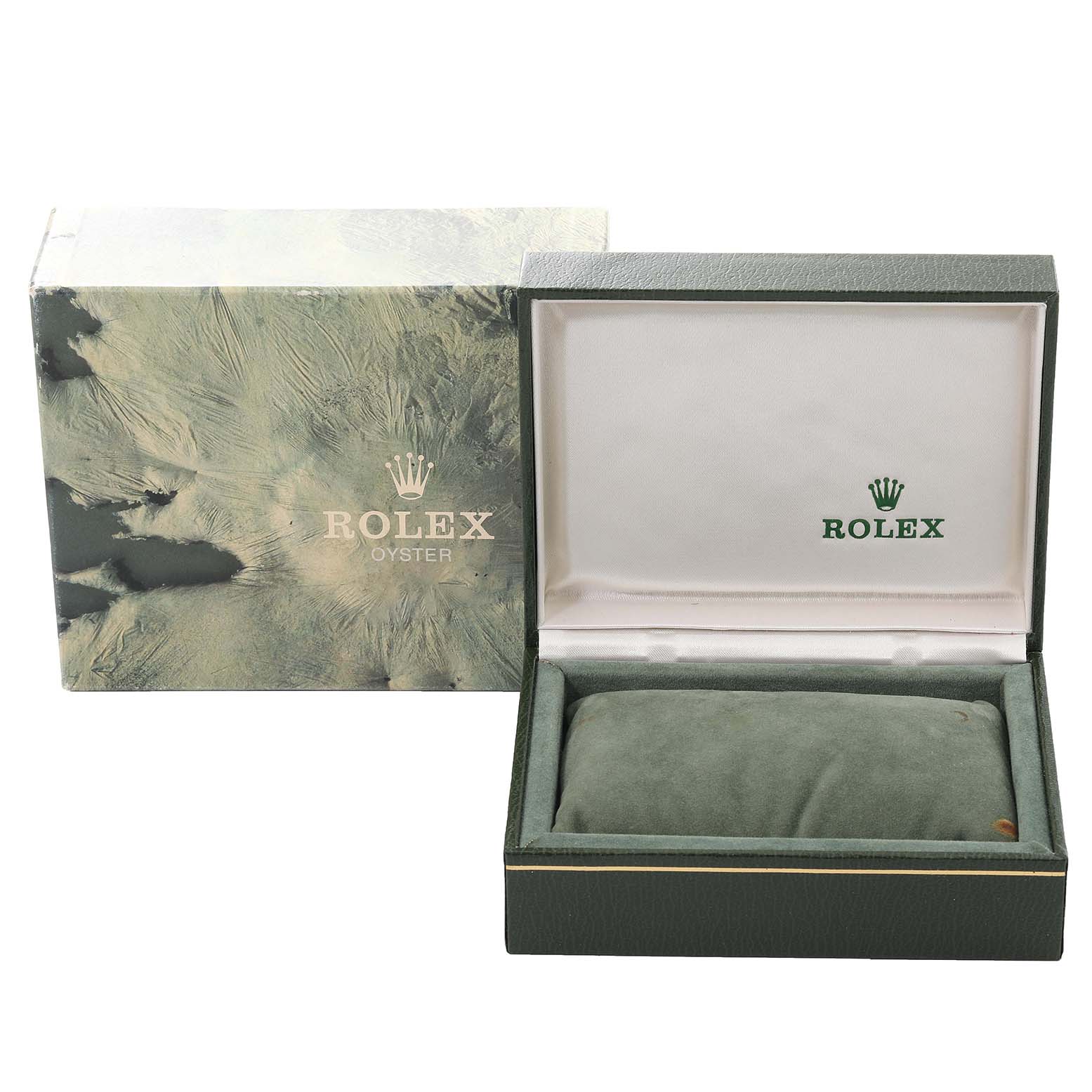 The image shows an open Rolex Oyster Mid-Size watch box and its outer packaging from a front angle.