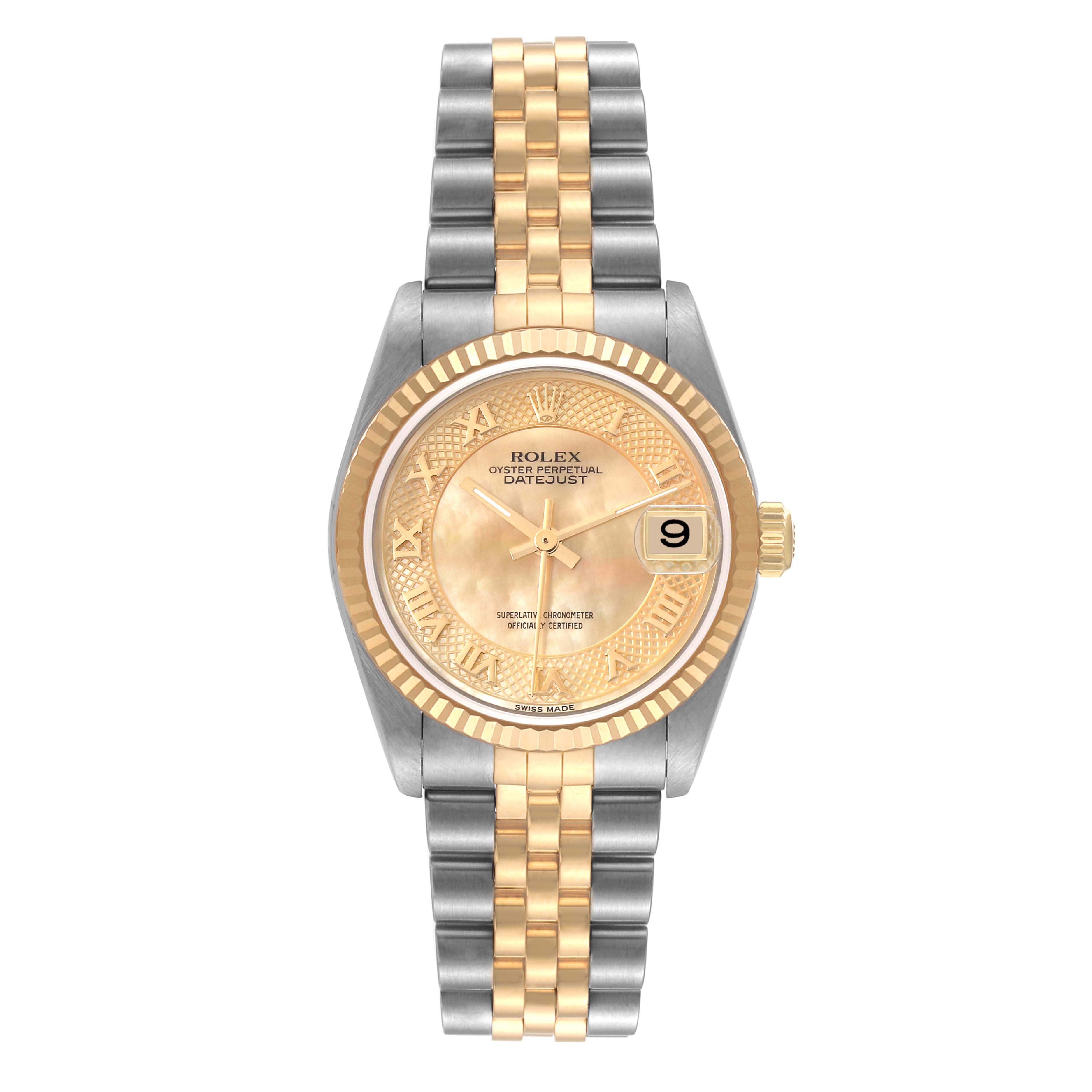 The image shows a front view of a Rolex Mid-Size 78273 Women
s Steel and Gold (two tone) Mother of Pearl Dial 78273 Women
s Steel and Gold (two tone) Mother of Pearl Dial Oyster Perpetual Datejust watch.