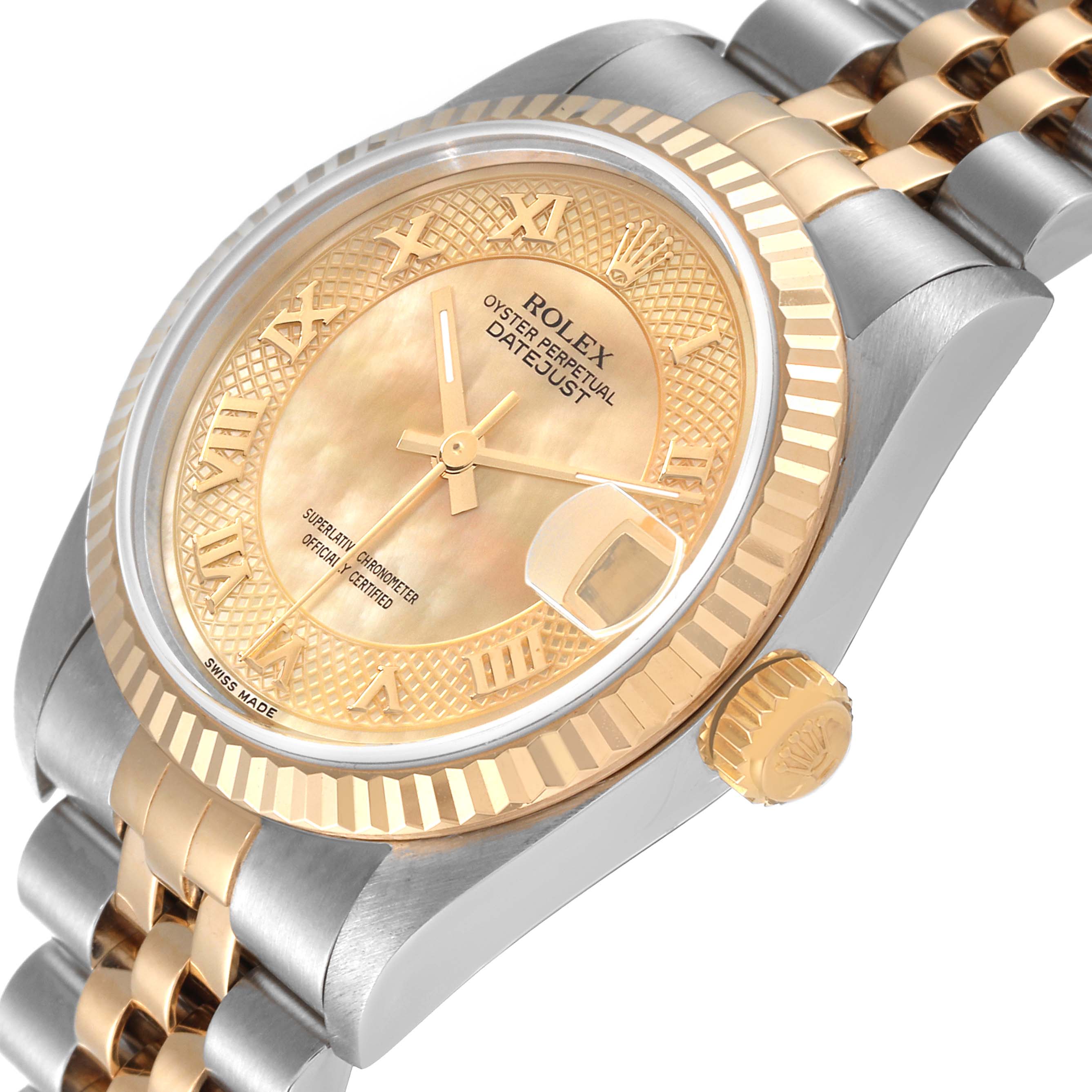 This image shows a close-up side angle of the Rolex Oyster Perpetual Datejust Mid-Size watch, highlighting the dial, bezel, and bracelet.