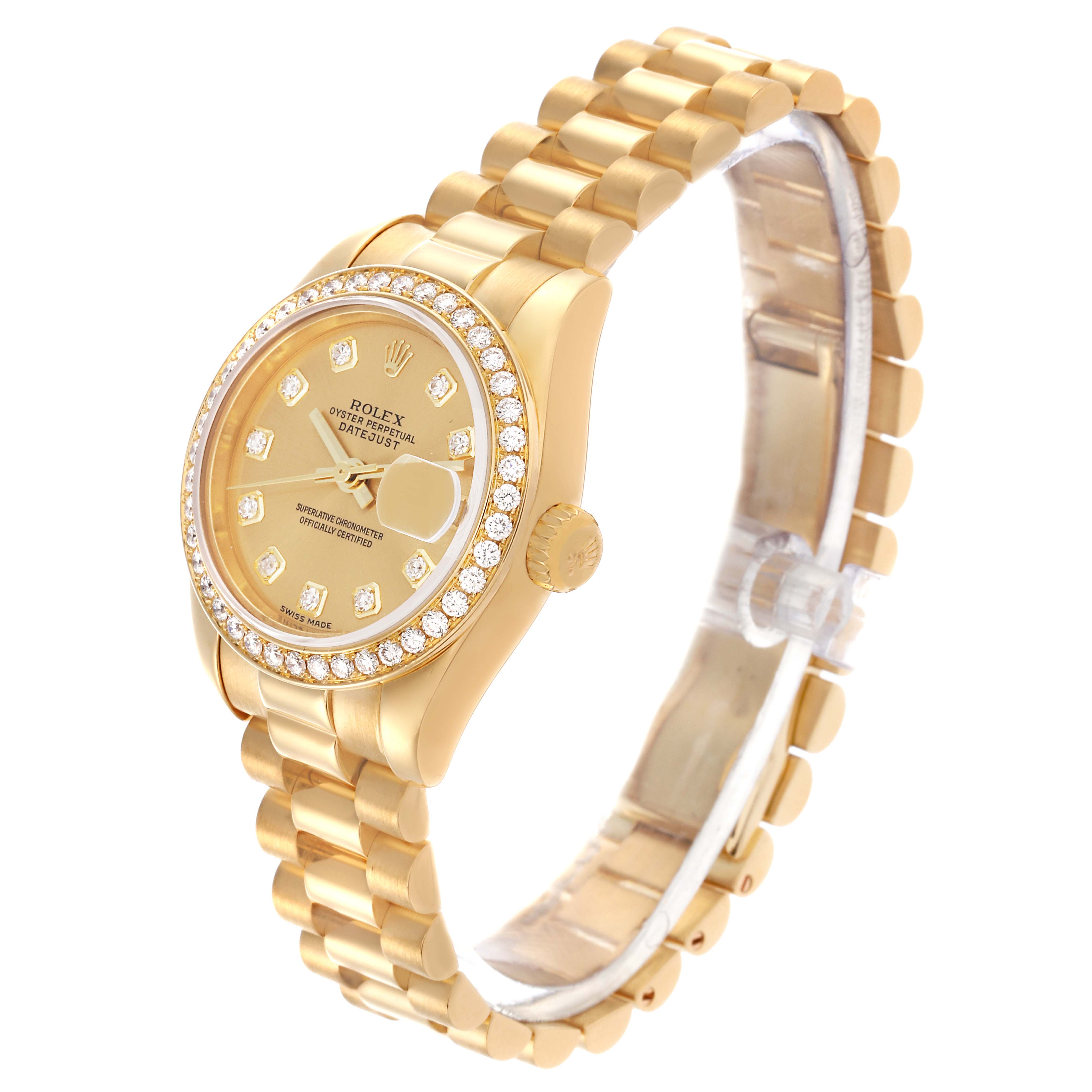 The Rolex President 179138 Women's Yellow Gold Champagne Dial 179138 Women's Yellow Gold Champagne Dial model watch is shown at a three-quarter angle, highlighting its gold case, bracelet, and diamond-set bezel.