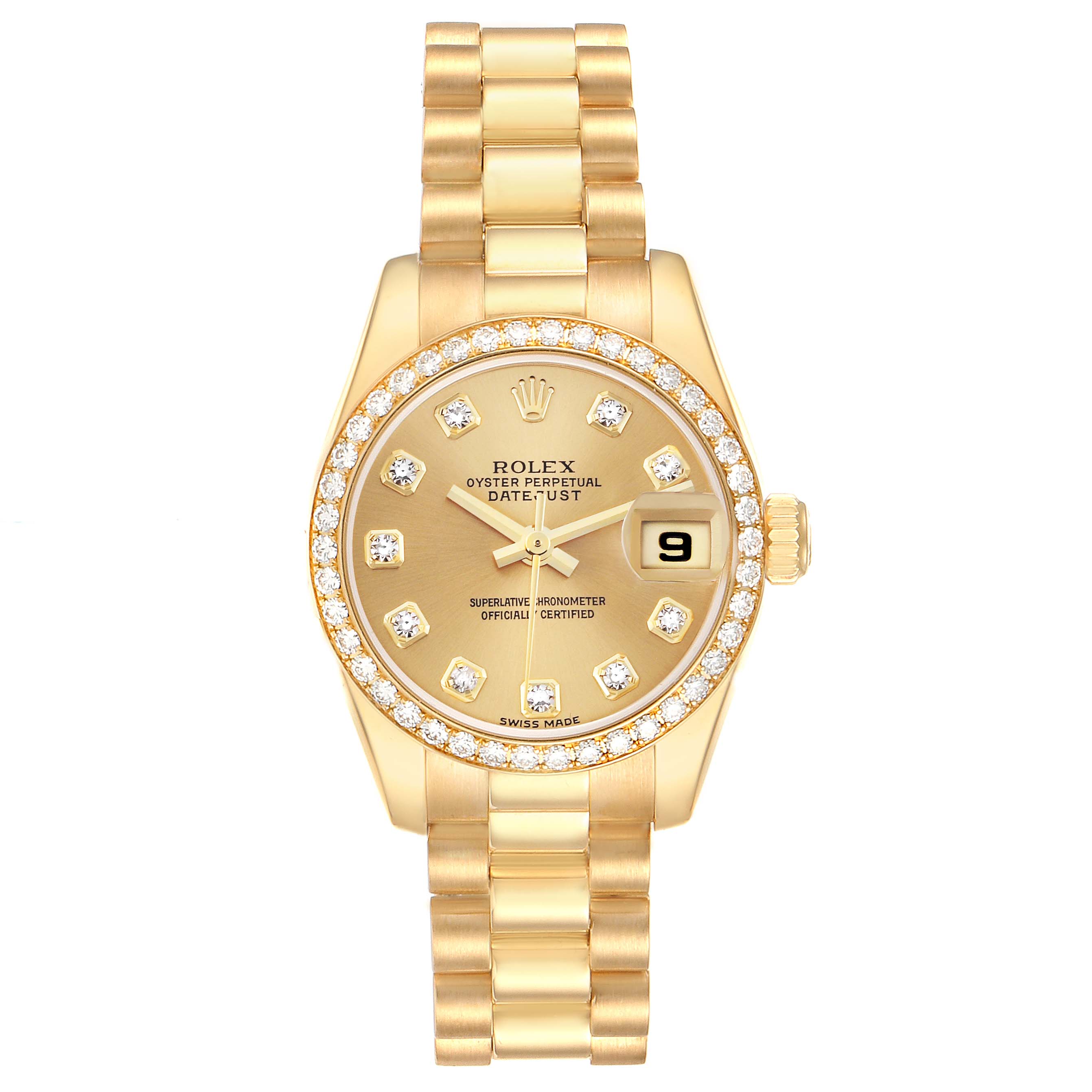 The Rolex President 179138 Women's Yellow Gold Champagne Dial 179138 Women's Yellow Gold Champagne Dial watch is shown from the front, featuring a gold dial, diamond bezel, and President bracelet.