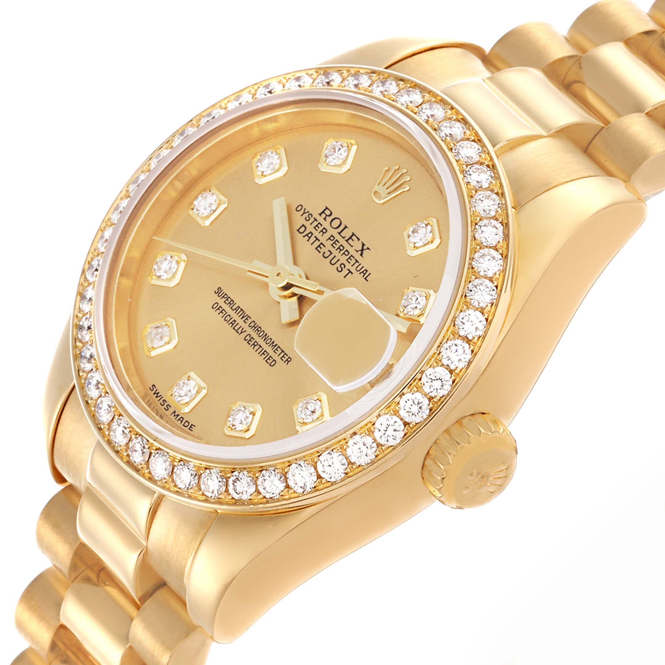 The Rolex President 179138 Women's Yellow Gold Champagne Dial 179138 Women's Yellow Gold Champagne Dial model watch is shown at an angled view, displaying the bezel, dial, crown, and part of the bracelet.