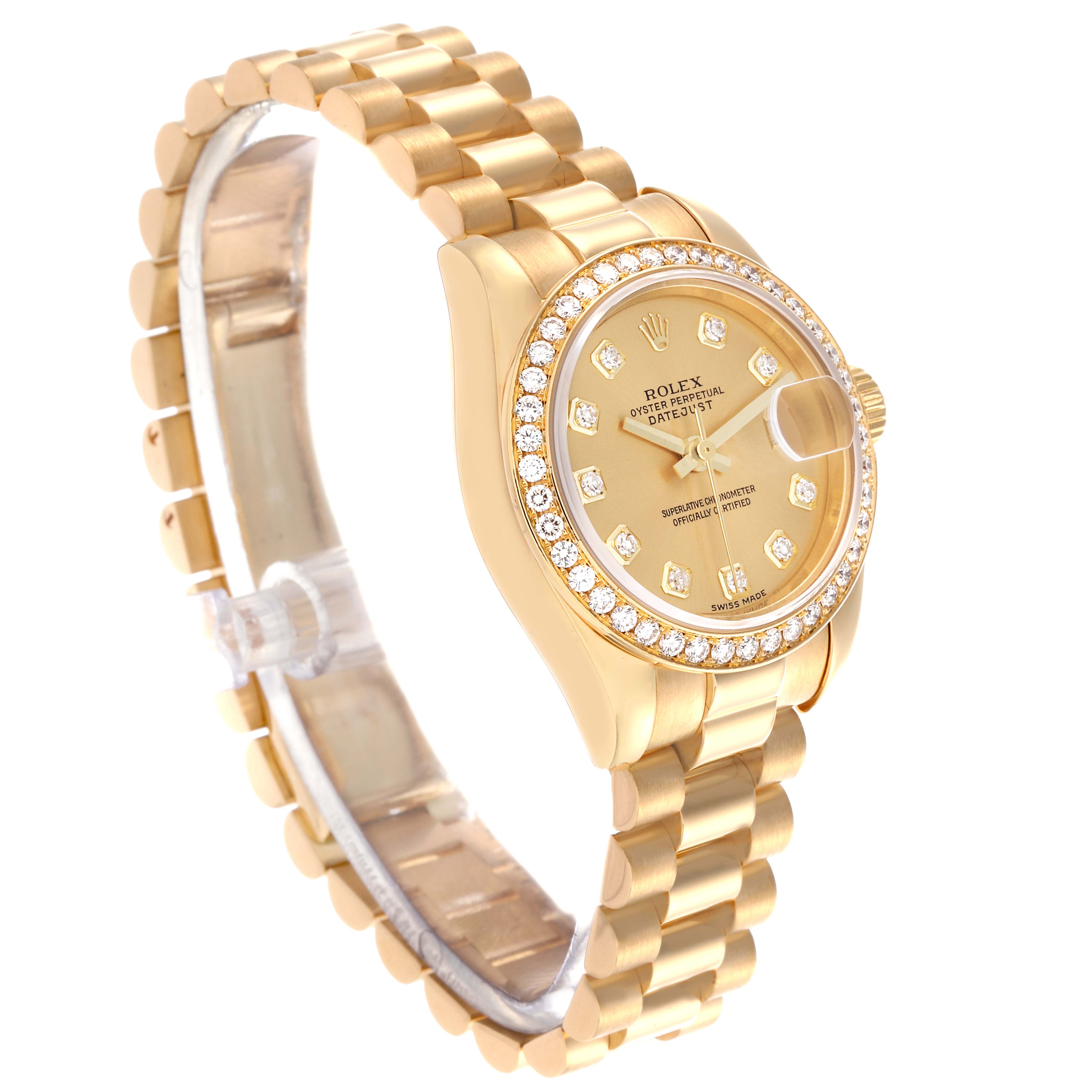 The Rolex President 179138 Women's Yellow Gold Champagne Dial 179138 Women's Yellow Gold Champagne Dial model watch is shown at a three-quarter angle, highlighting the gold bracelet and diamond-encrusted bezel and dial.