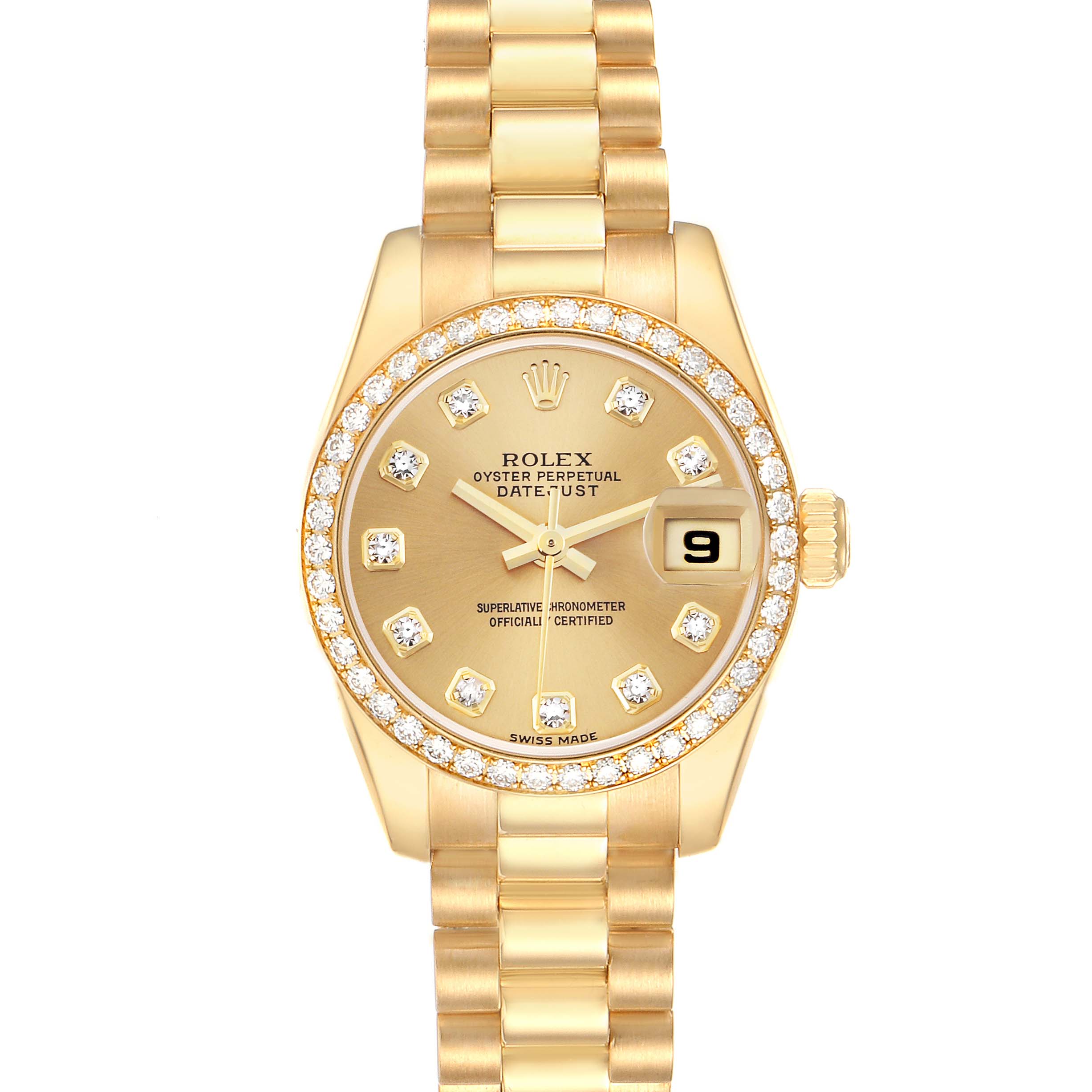 The Rolex President 179138 Women's Yellow Gold Champagne Dial 179138 Women's Yellow Gold Champagne Dial watch is shown from the front, displaying its gold dial, diamond markers, bezel, and bracelet.