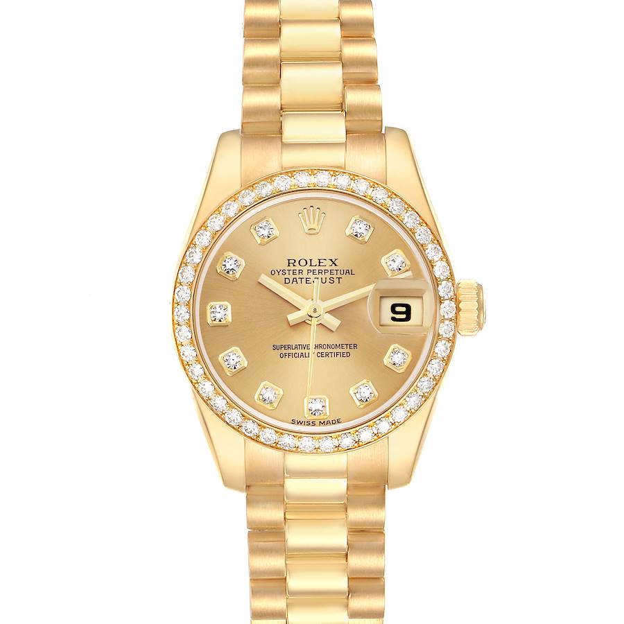 The Rolex President watch is shown from the front, displaying its gold dial, diamond markers, bezel, and bracelet.