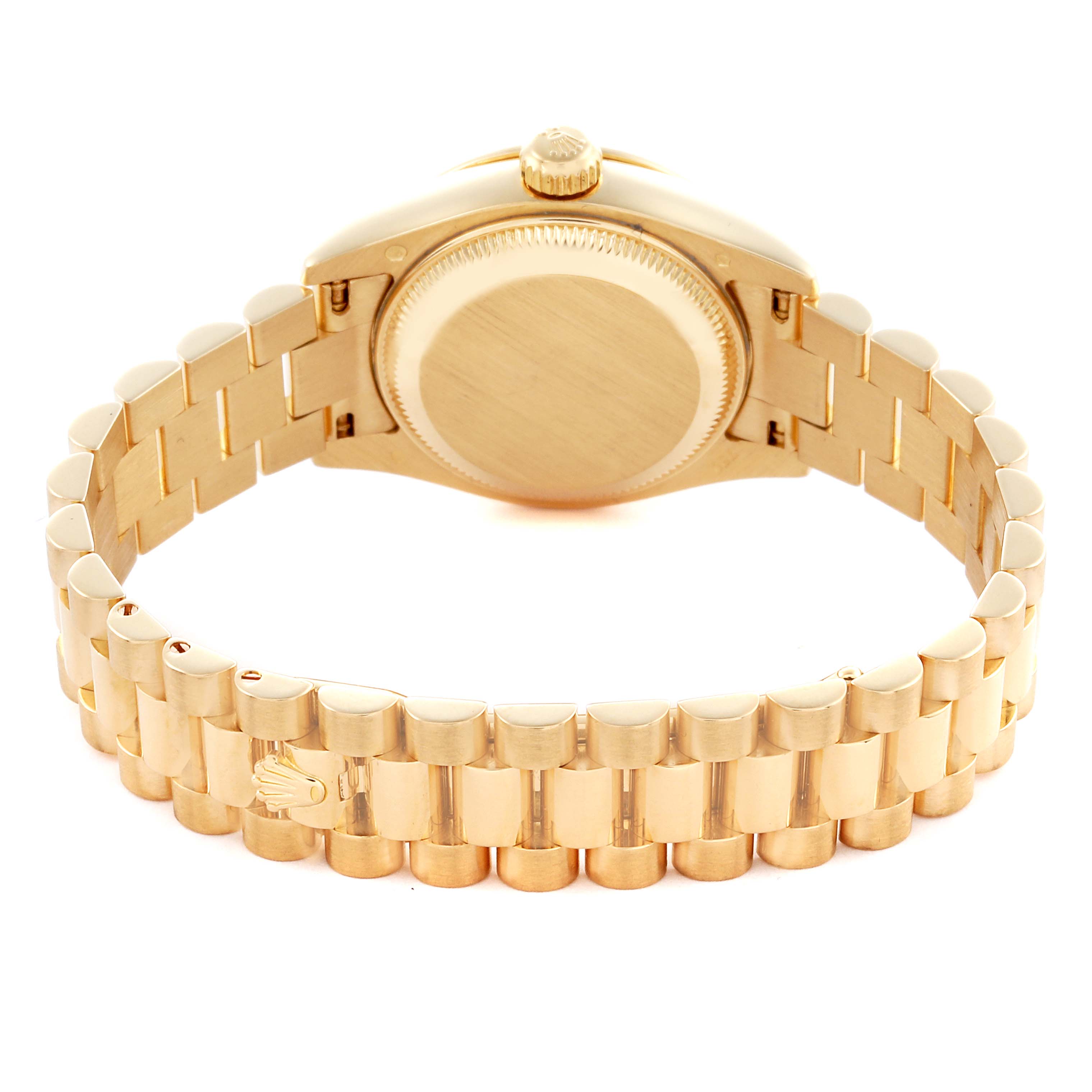 The image shows the back view of a Rolex President 179138 Women's Yellow Gold Champagne Dial 179138 Women's Yellow Gold Champagne Dial model watch, highlighting the case back and gold bracelet.
