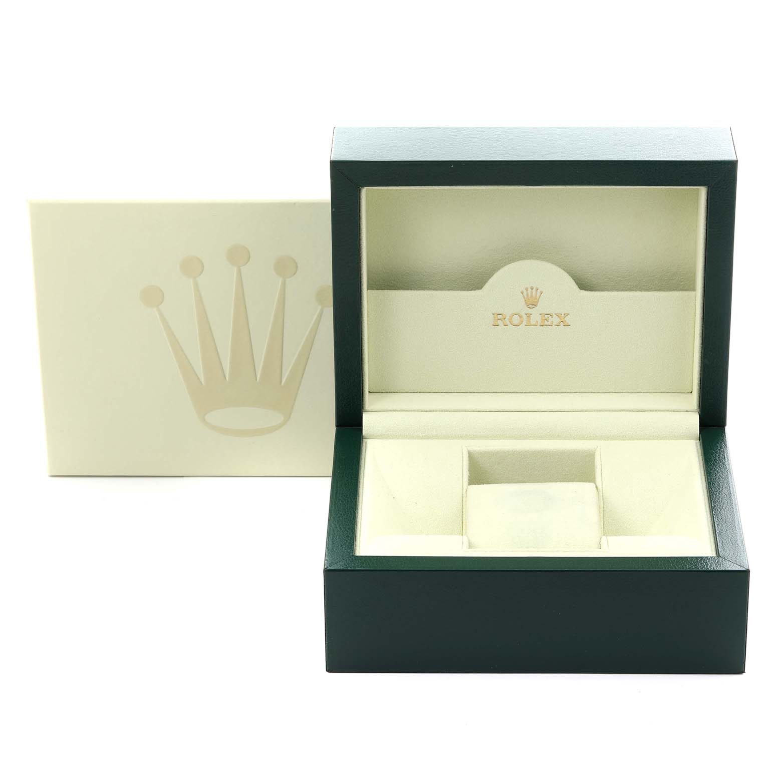 The image shows an open Rolex watch box for the President model, featuring a cream interior and a green exterior, alongside a cream outer box.