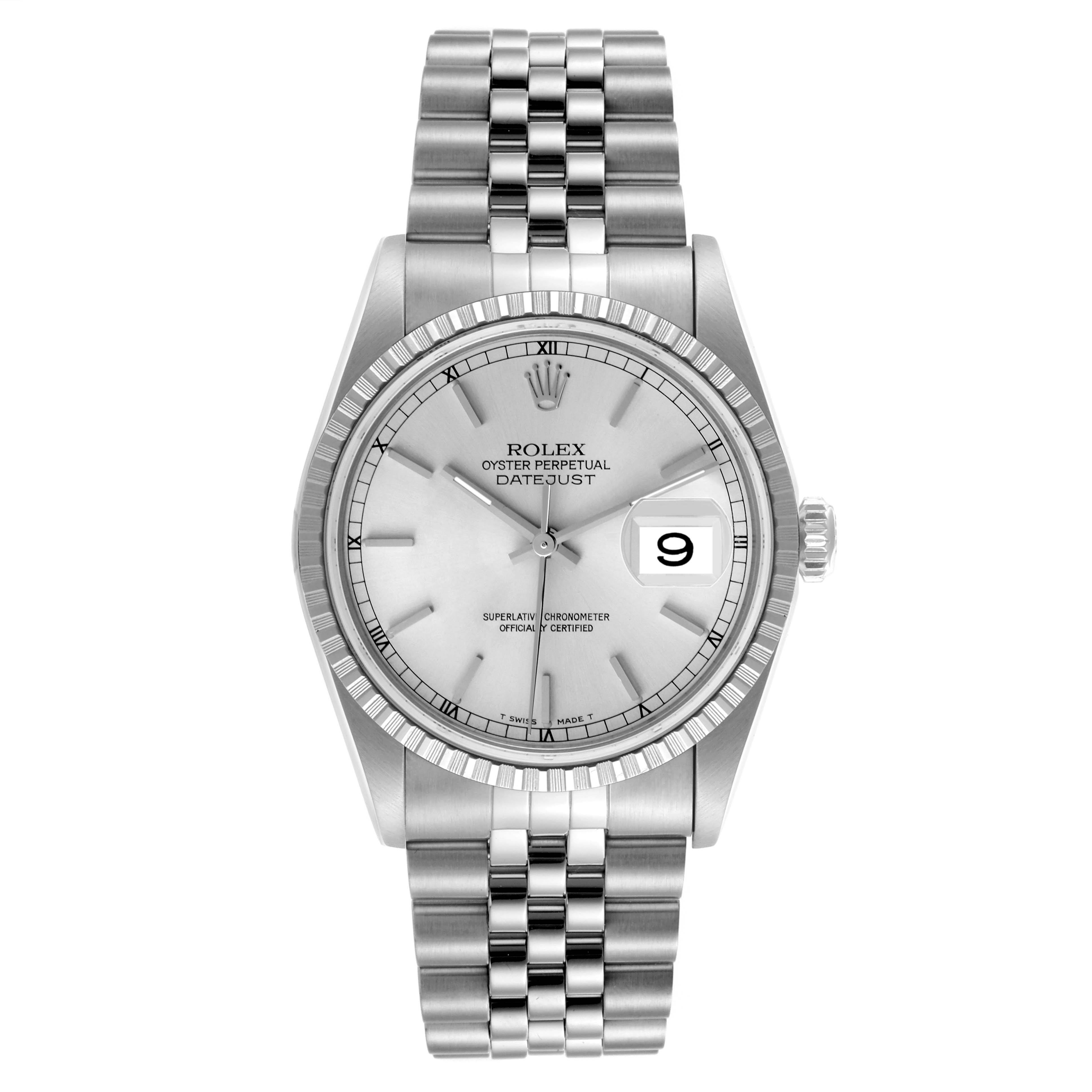 The Rolex Datejust 16220 Men's Stainless Steel Silver Dial 16220 Men's Stainless Steel Silver Dial watch is shown from a front view, highlighting the dial, fluted bezel, and Jubilee bracelet.