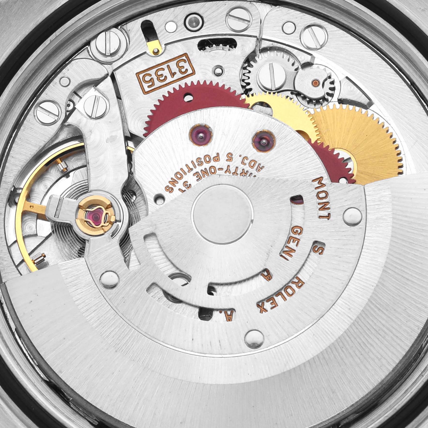 The image shows a close-up of the movement parts of a Rolex Datejust 16220 Men's Stainless Steel Silver Dial 16220 Men's Stainless Steel Silver Dial watch, highlighting gears and inscriptions.