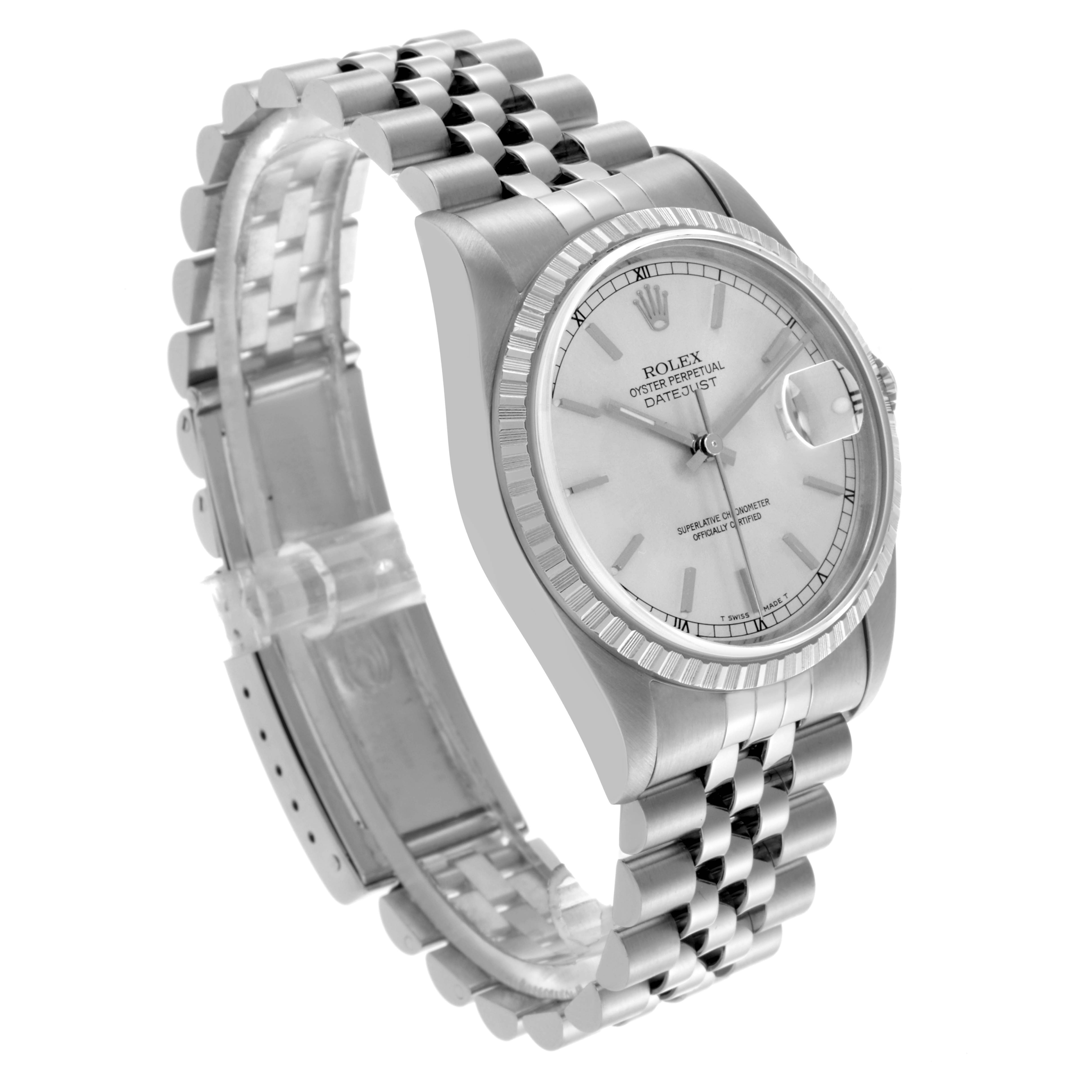 The Rolex Datejust 16220 Men's Stainless Steel Silver Dial 16220 Men's Stainless Steel Silver Dial watch is shown at an angled profile, highlighting the dial, bezel, case, and bracelet.