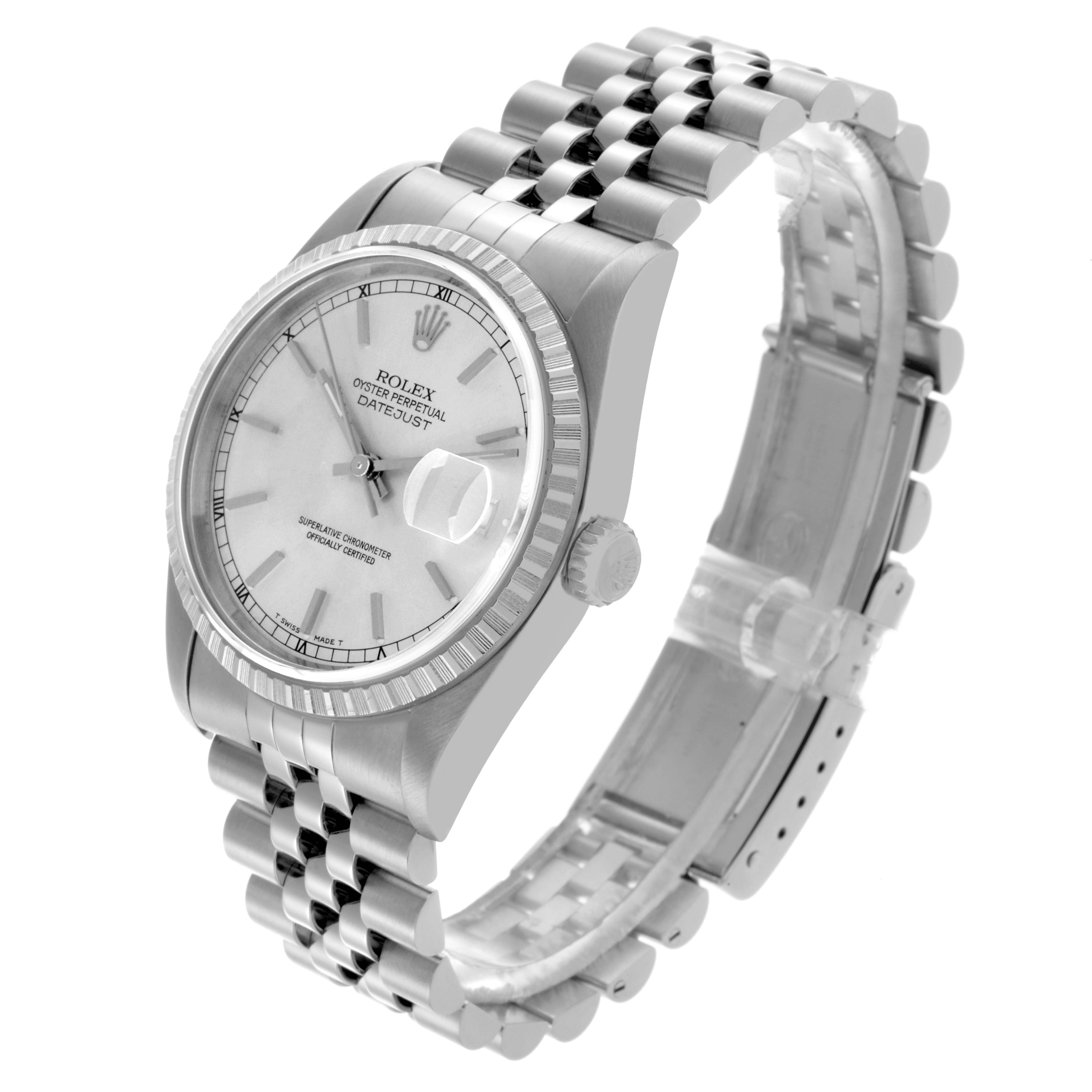 The Rolex Datejust 16220 Men's Stainless Steel Silver Dial 16220 Men's Stainless Steel Silver Dial watch is shown from an angled side view, highlighting the jubilee bracelet, fluted bezel, dial, and crown.