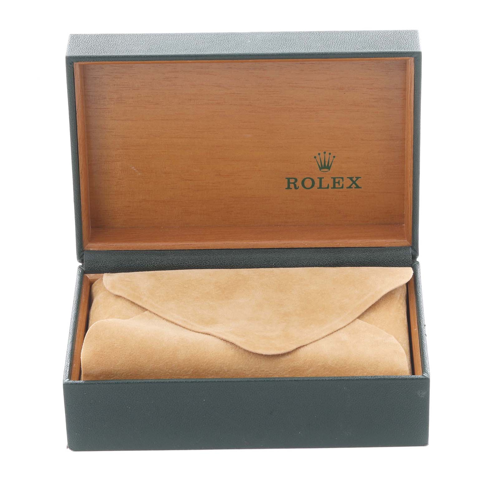 The image shows an open Rolex Datejust 16220 Men's Stainless Steel Silver Dial 16220 Men's Stainless Steel Silver Dial watch box with a suede pouch inside, viewed from the front.