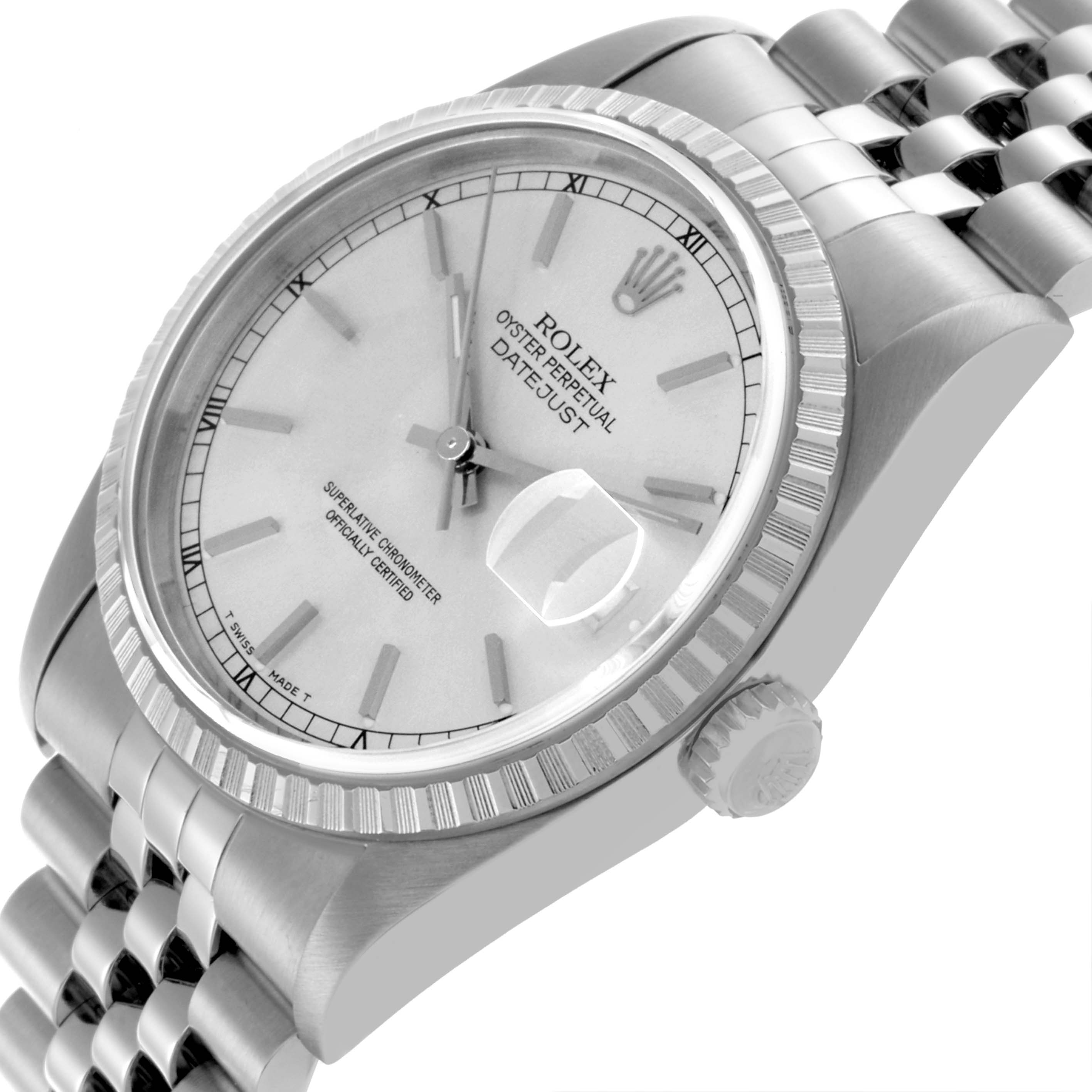 The Rolex Datejust 16220 Men's Stainless Steel Silver Dial 16220 Men's Stainless Steel Silver Dial watch is shown at a slight angle, highlighting the face, crown, and part of the bracelet.