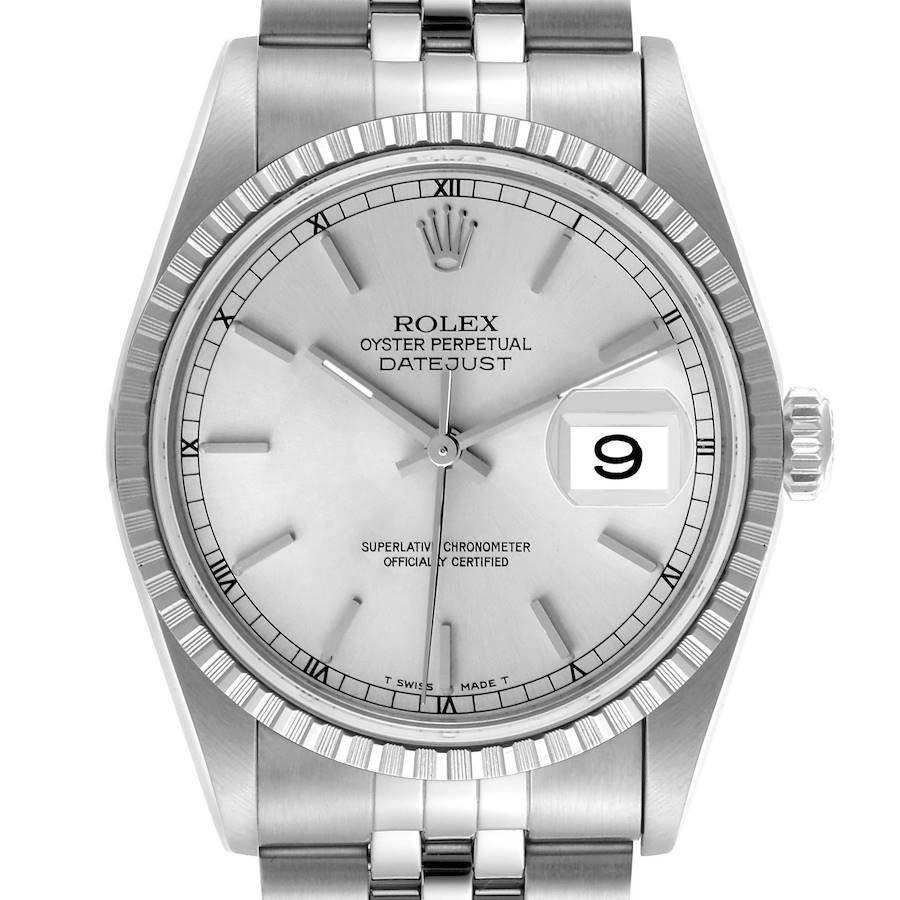 The Rolex Datejust watch is shown from a front angle, displaying the face, bezel, crown, and bracelet.