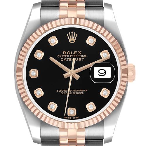 The Rolex Datejust 116231 Men's Steel and Gold (two tone) Black Dial watch is shown from a straight-on angle, highlighting the dial, date window, bezel, and part of the bracelet.