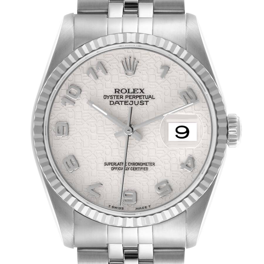 The Rolex Datejust watch is shown from a front angle, highlighting the face, bezel, and part of the bracelet.